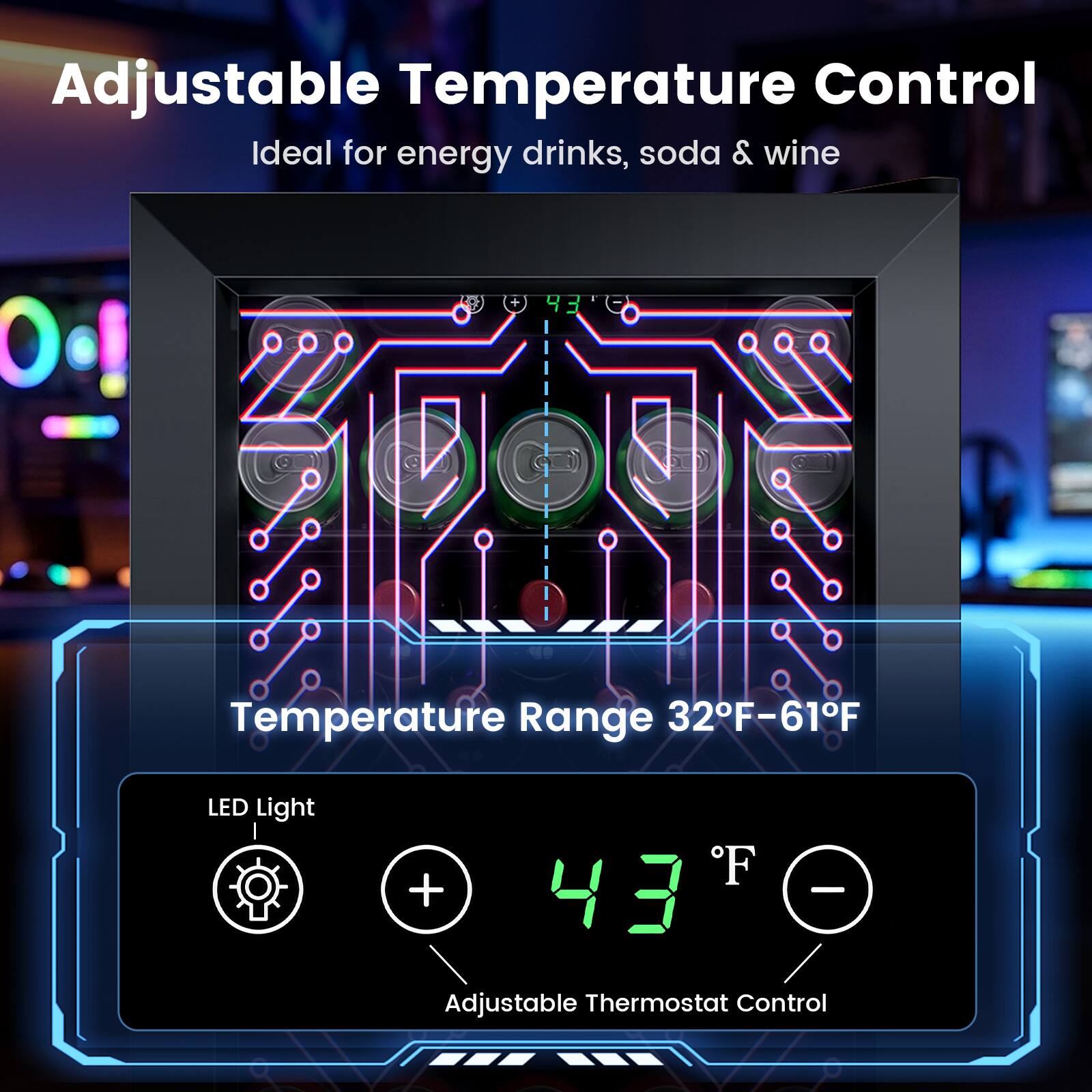 Electactic 17.5 in. 3.2 cu. ft. Gaming Mini Refrigerator LED Lighted ...