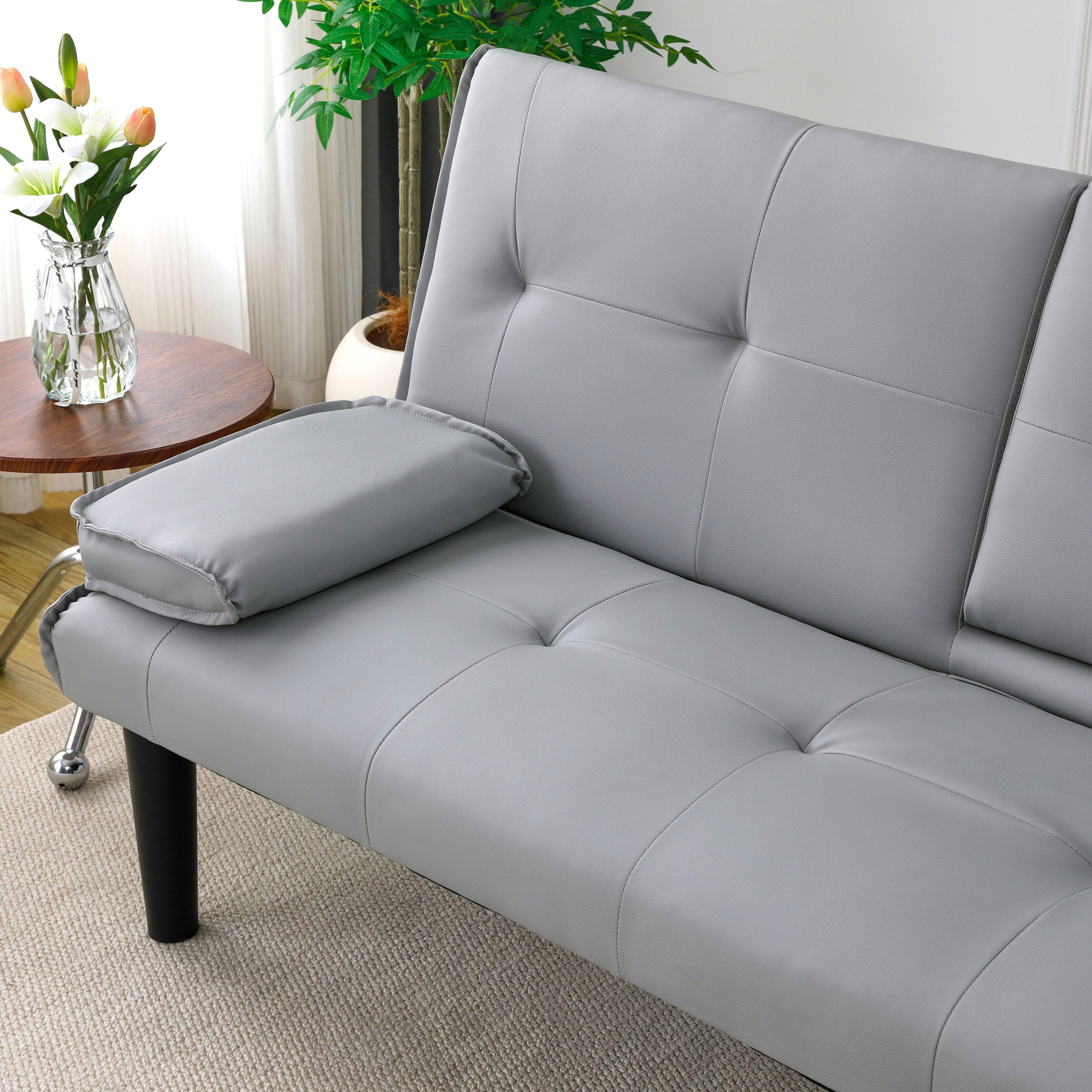 Alt View 2. Roomtec - The 67inch light gray PVC multifunctional sofa bed with a foldable and cup holder design makes it extremely convenient - Light Gray.