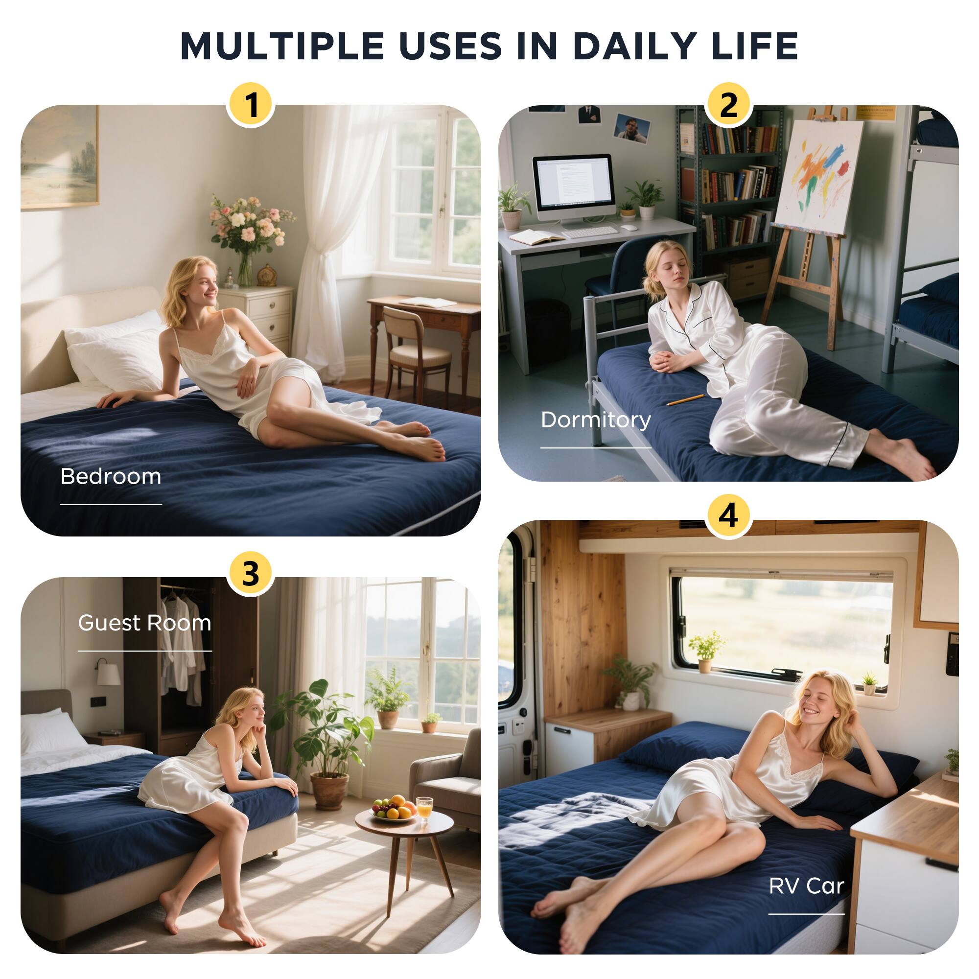 MULTIPLE USES IN DAILY LIFE

1. Bedroom
2. Dormitory
3. Guest Room
4. RV Car