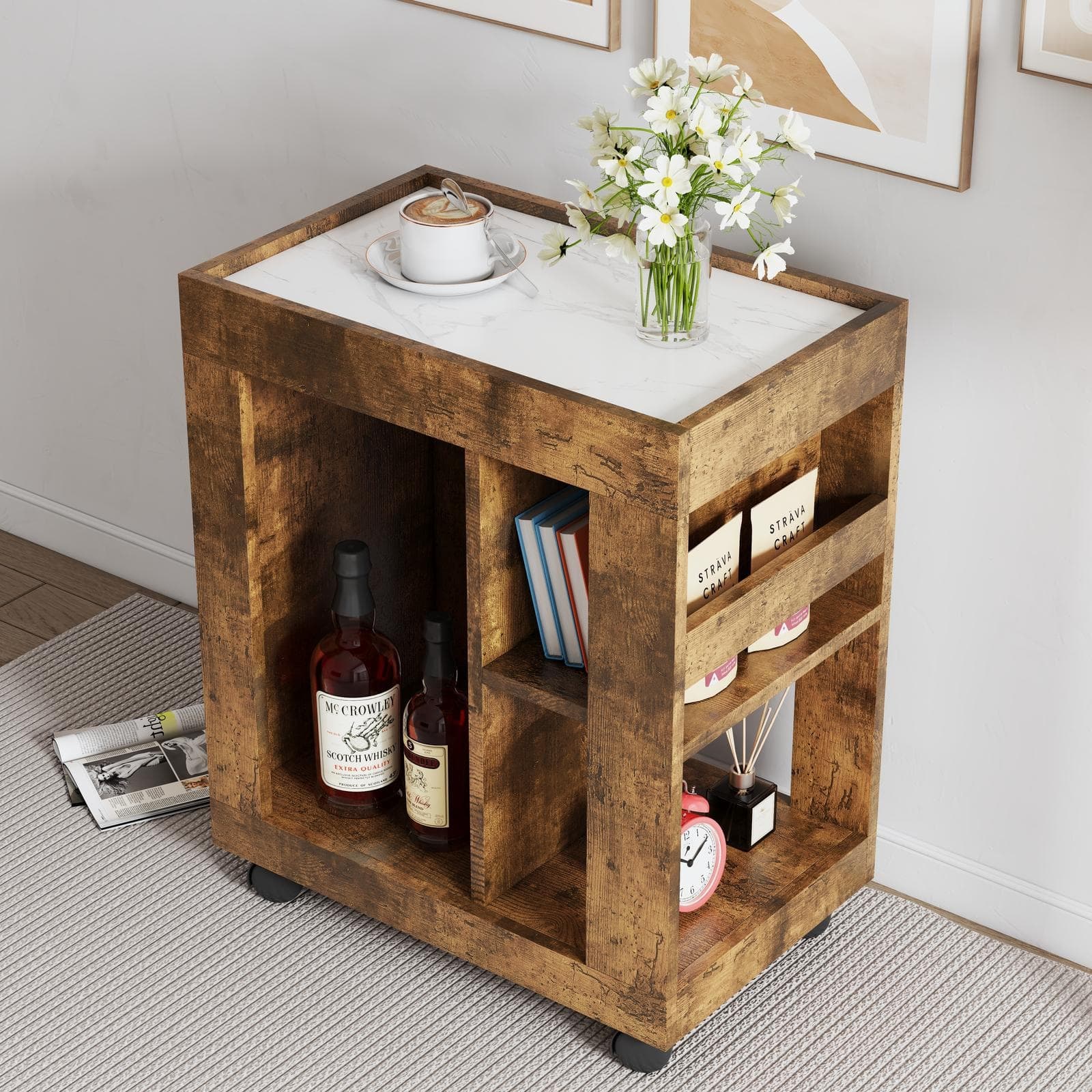 Spaco - Mid Century Modern Rolling Side Cabinet, Mobile Storage Trolley with Shelf for Sofa and Living Room - Black Brown