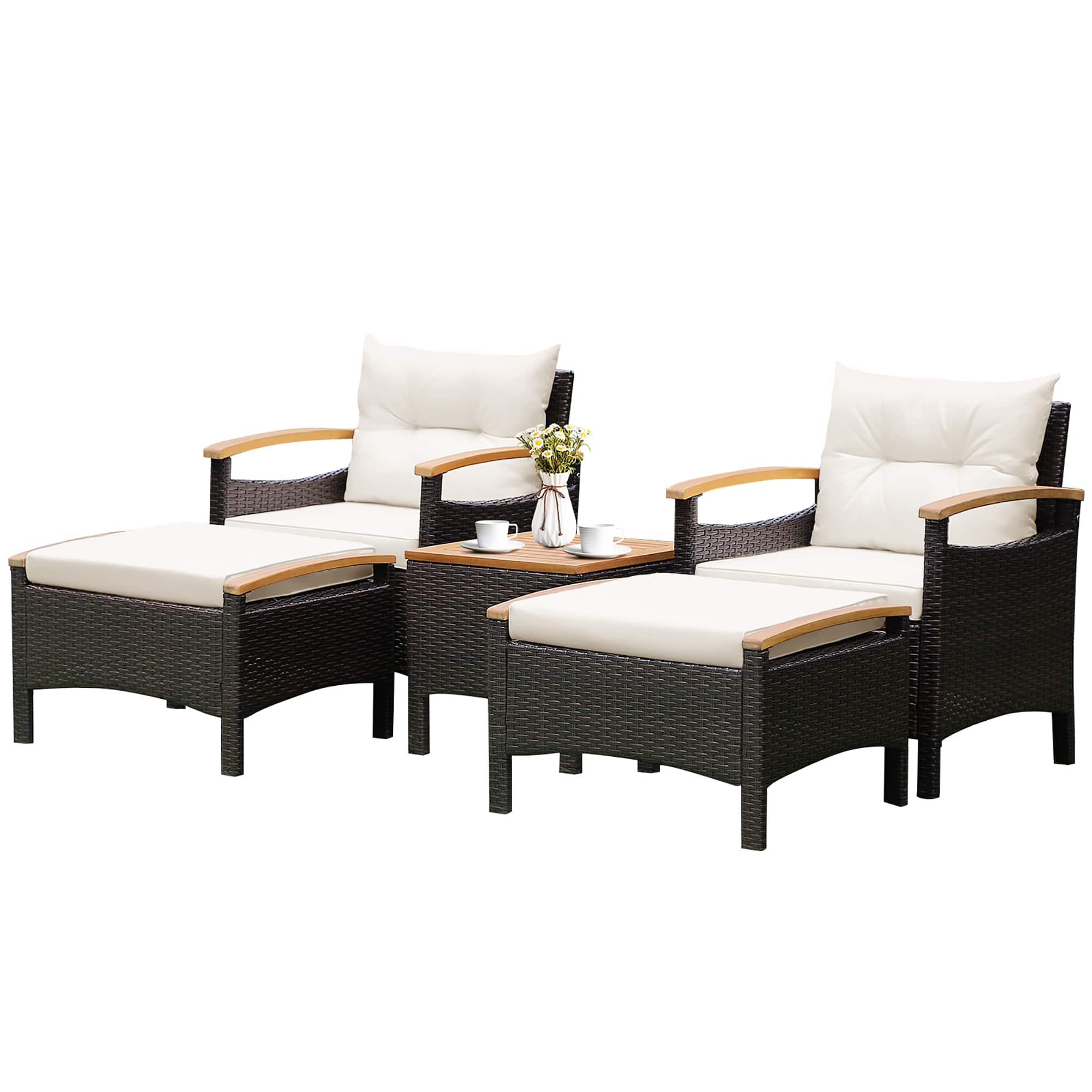 Costway - 5PCS Patio Rattan Furniture Set Sofa Ottoman Cushioned Table W/Wood Top - Off White price history on PriceWatchPro