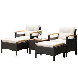 Costway - 5PCS Patio Rattan Furniture Set Sofa Ottoman Cushioned Table W/Wood Top - Off White