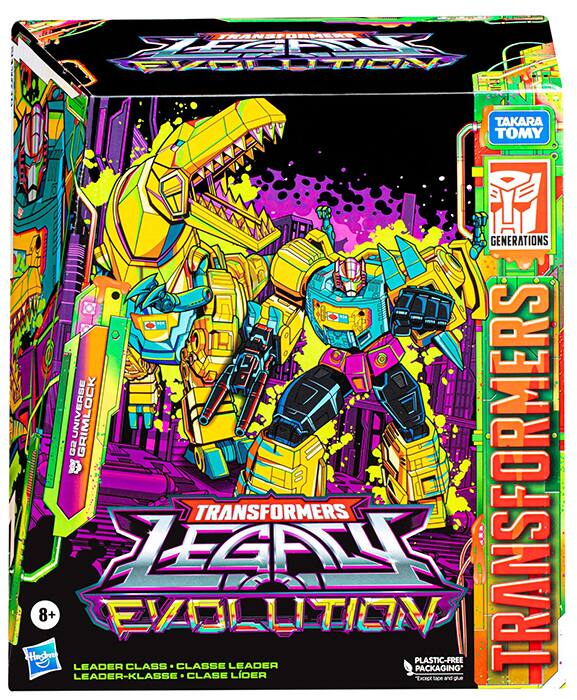 Sure, here is the corrected and grouped text from the image:

---

**TRANSFORMERS**  
**LEGACY EVOLUTION**

**TAKARA TOMY**  
**GENERATIONS**

**GRIMLOCK**  
**UNIVERSE**  
**LEADER CLASS**

**8+**

**LEADER CLASS**  
**CLASSE LEADER**  
**LEADER-KLASSE**  
**CLASE LIDER**

**PLASTIC-FREE PACKAGING**  
**EKT**  
**Tace and glue**

---

This text is organized to reflect the branding, product details, and packaging information from the image.