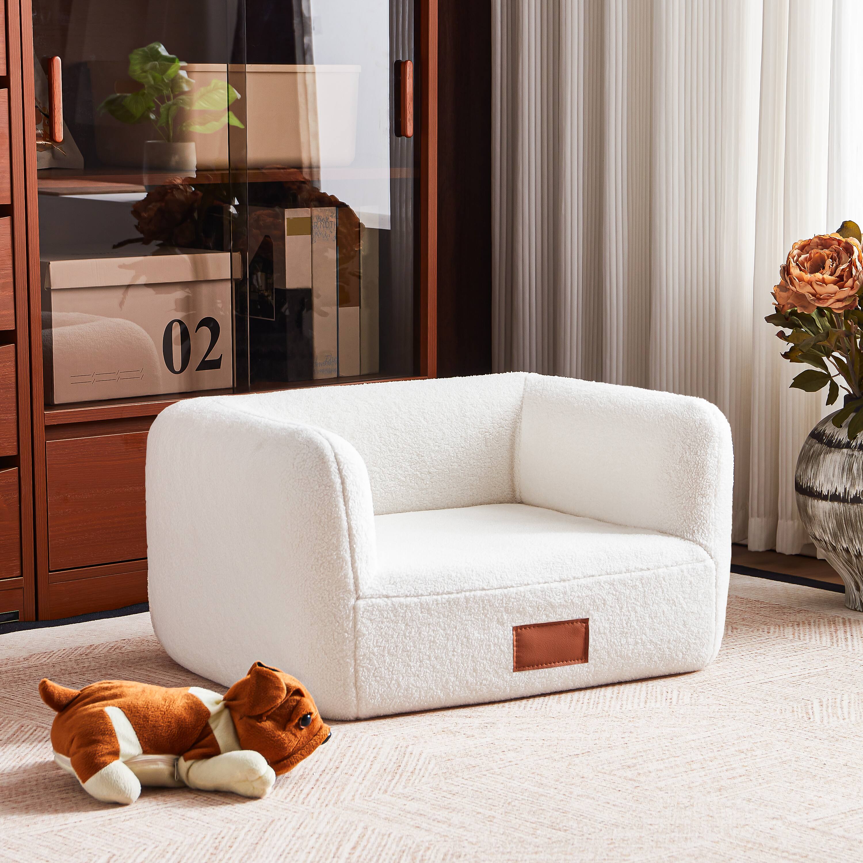 Alt View 1. MSOOB - 25.6 Inch Faux Shearling Dog Bed Pet Sofa With Leather Nameplate, White Modern Elegant Dog Couch Furniture - White.