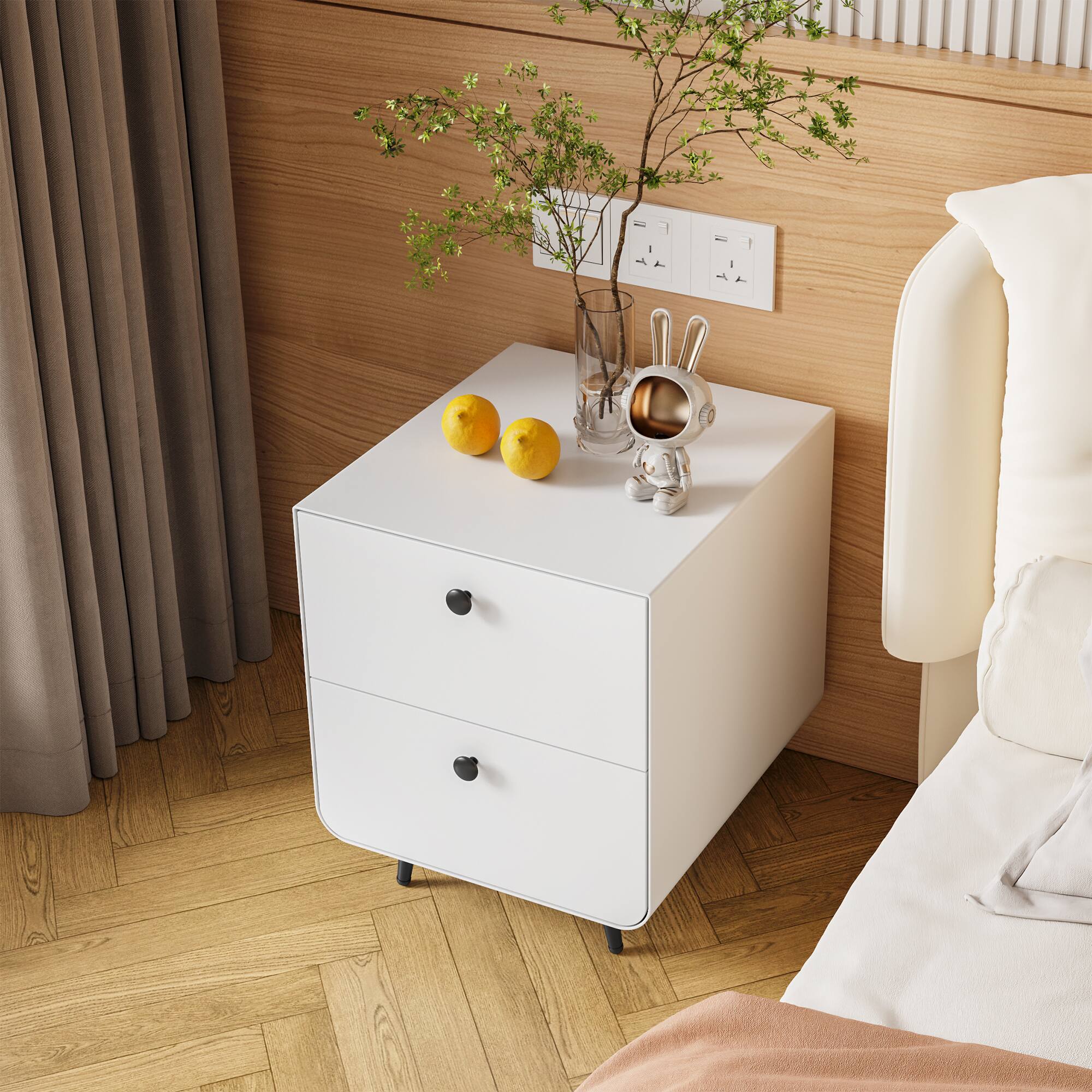 Angle. Spaco - Spaco Modern Night Stand with 2 Drawers, Steel Storage Cabinet, Circular Handle for Bedroom - White.