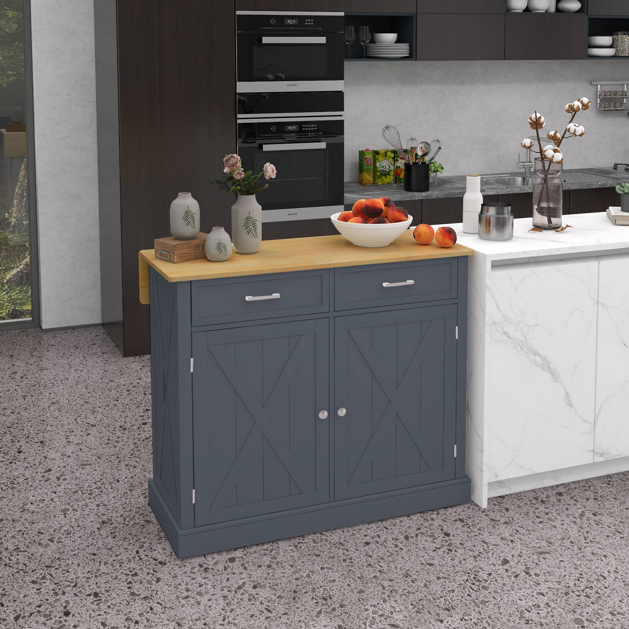 Alt View 1. Homcom - Rolling Kitchen Island with Drop Leaf Wood Breakfast Bar, Farmhouse Cart with 2 Drawers & Adjustable Shelves - gray.