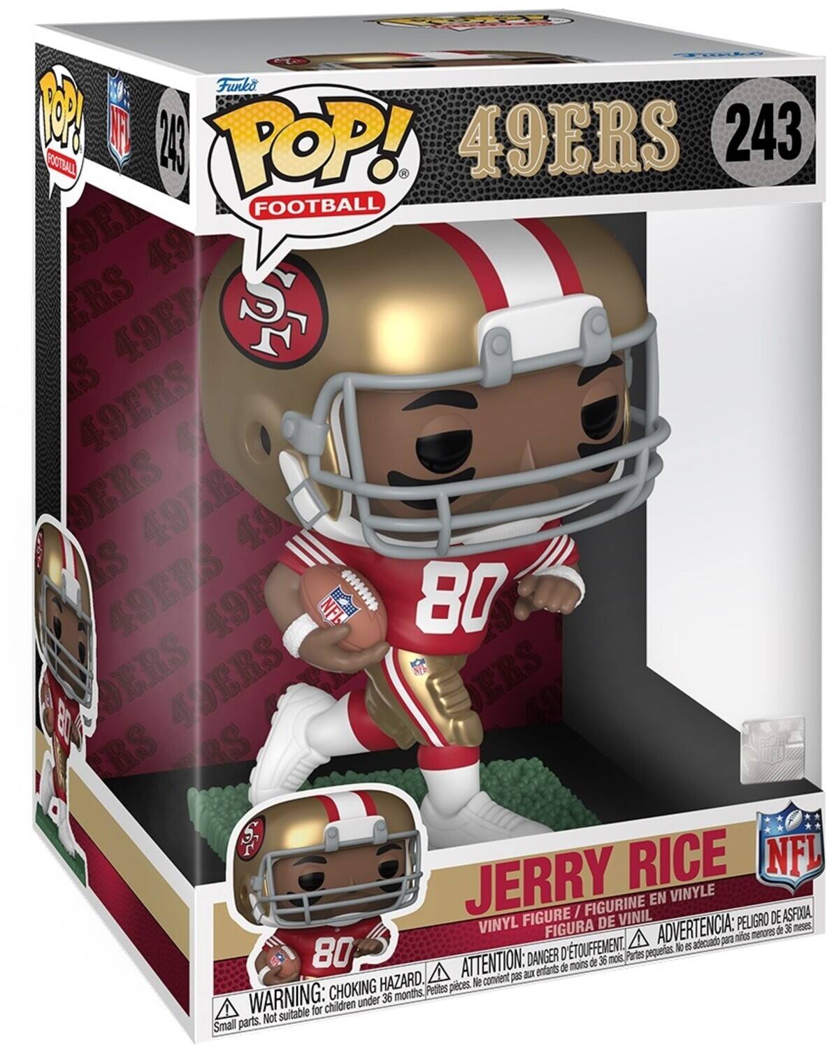 Sure, here is the corrected and grouped text from the image:

---

**Funko POP! FOOTBALL**

**49ERS**

**243**

**JERRY RICE**

**VINYL FIGURE / FIGURINE EN VINYLE / FIGURA DE VINIL**

**WARNING: CHOKING HAZARD. Small parts. Not suitable for children under 36 months.**

**ADVERTENCIA: PEUGRO DE ASPAQUA. No es adecuado para niños menores de 36 meses.**

**ATTENTION: DANGER DE DÉTŒUFMENT. Petites pièces. Ne convient pas aux enfants de moins de 36 mois.**

---

This text is organized to reflect the information on the packaging.