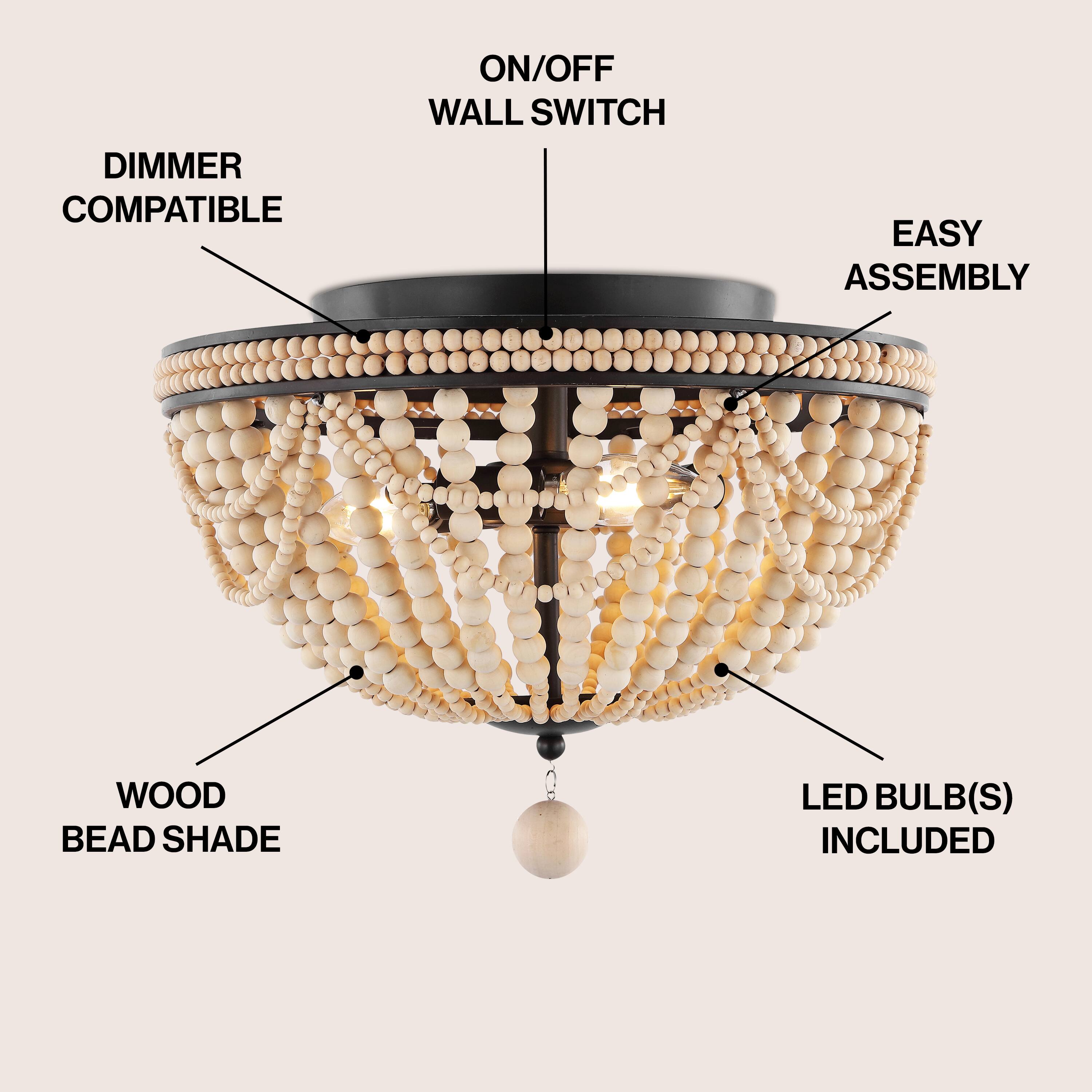 DIMMER COMPATIBLE ON/OFF WALL SWITCH EASY ASSEMBLY WOOD BEAD SHADE LED BULB(S) INCLUDED