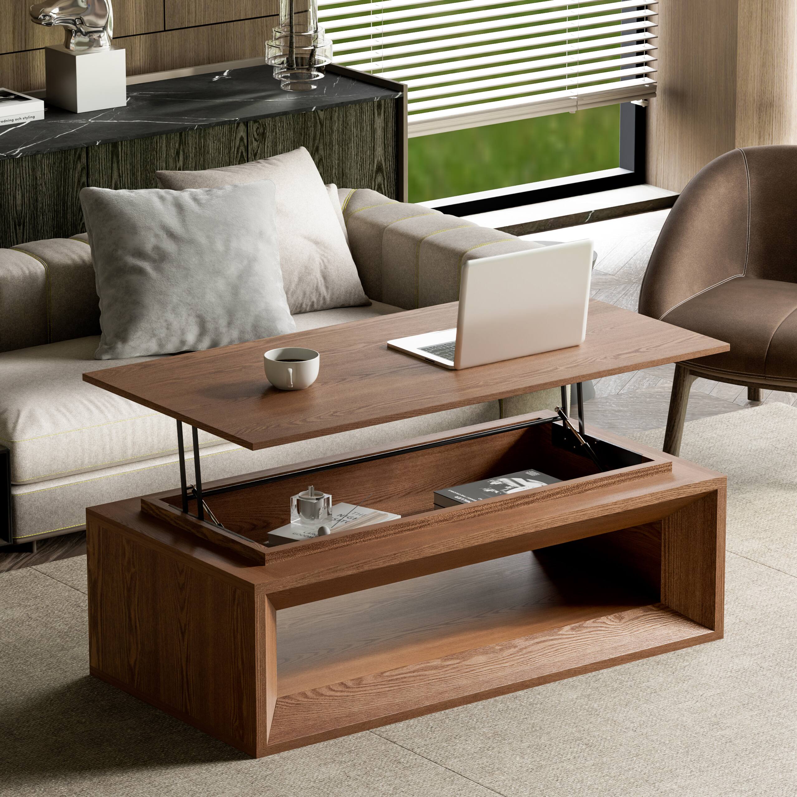 Alt View 1. Loheer - Loheer 43.3 Inch Walnut Lift Top Coffee Table with Hidden Storage Adjustable Height Modern Tea Table for Living Room - Walnut.
