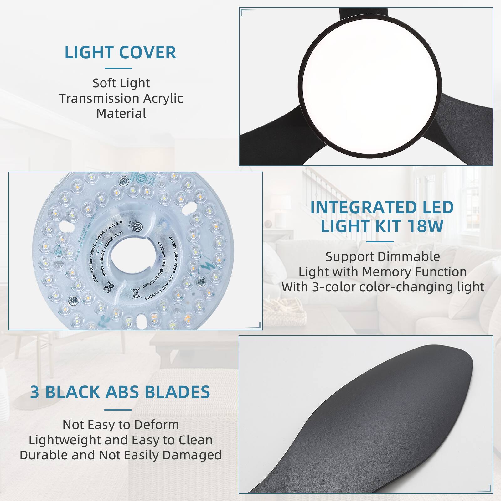 LIGHT COVER  
Soft Light Transmission Acrylic Material  

INTEGRATED LED LIGHT KIT 18W  
Support Dimmable Light with Memory Function  
With 3-color color-changing light  

3 BLACK ABS BLADES  
Not Easy to Deform  
Lightweight and Easy to Clean  
Durable and Not Easily Damaged
