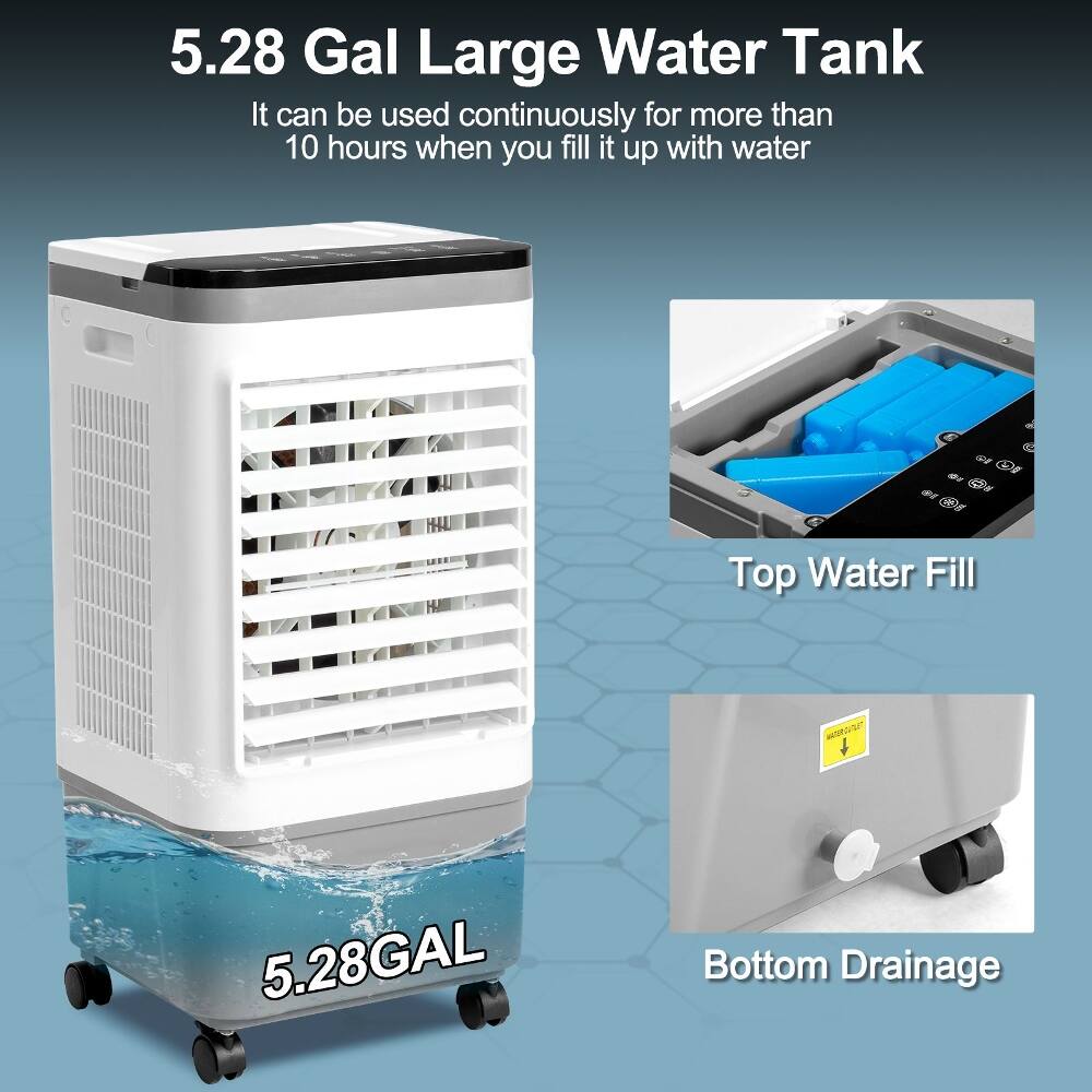 5.28 Gal Large Water Tank  
It can be used continuously for more than 10 hours when you fill it up with water  

Top Water Fill  
Bottom Drainage