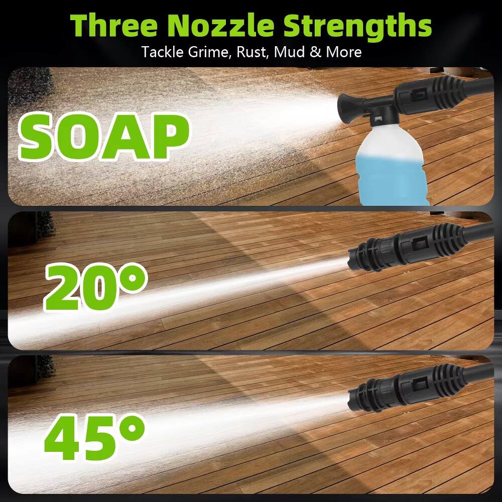 Three Nozzle Strengths  
Tackle Grime, Rust, Mud & More  

SOAP  

20°  

45°