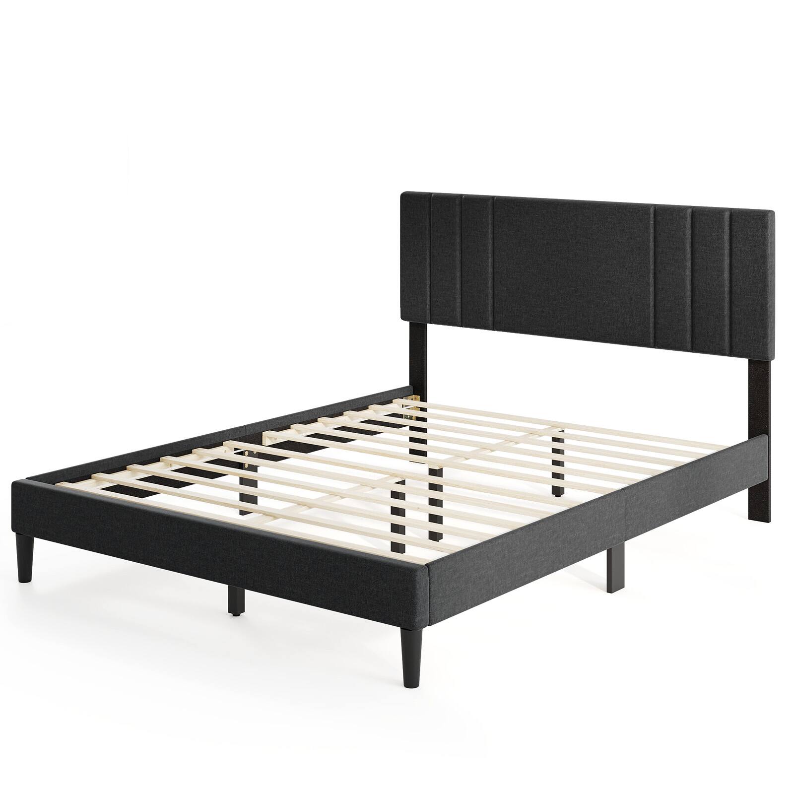 Alt View 9. Gymax - Gymax Queen Size Bed Frame w/ Vertical Channel Tufted Headboard & Wooden Slats - Gray.