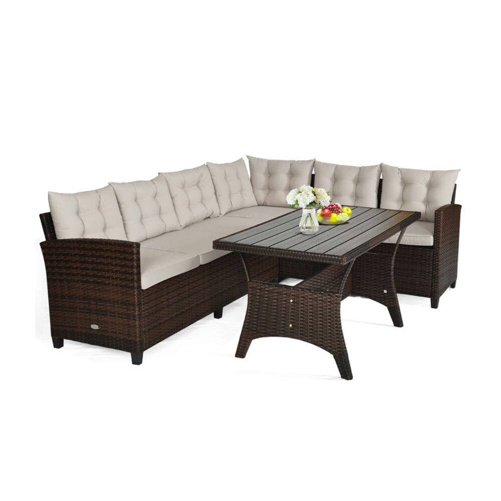 Alt View 6. Pefilos - 3 Pieces Hand-Woven Rattan Outdoor Sofa Set with Dining Table, Outdoor Sofa Set with Steel Frame and Hand-Woven Ratt - Brown.