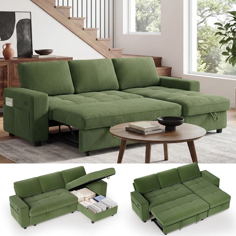Dyonery - 81" Sleeper Sofa, Convertible Sofa Bed with Storage, Sectional Couch L Shaped 3 Seat Sectional Sleeper Sofa - Green