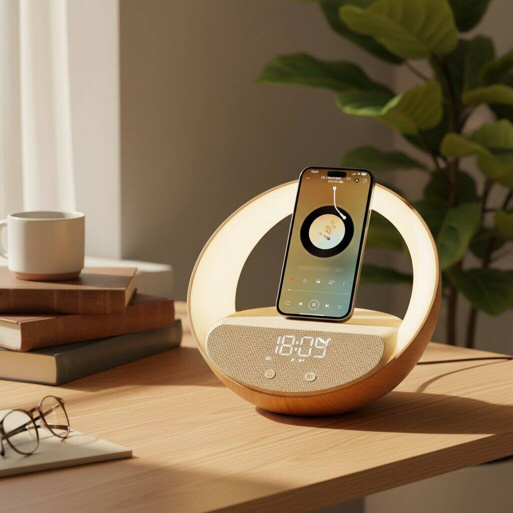 Left. Dazzed Corner - Alarm clock,Bluetooth Speaker,Wireless Charging Station - Wood.