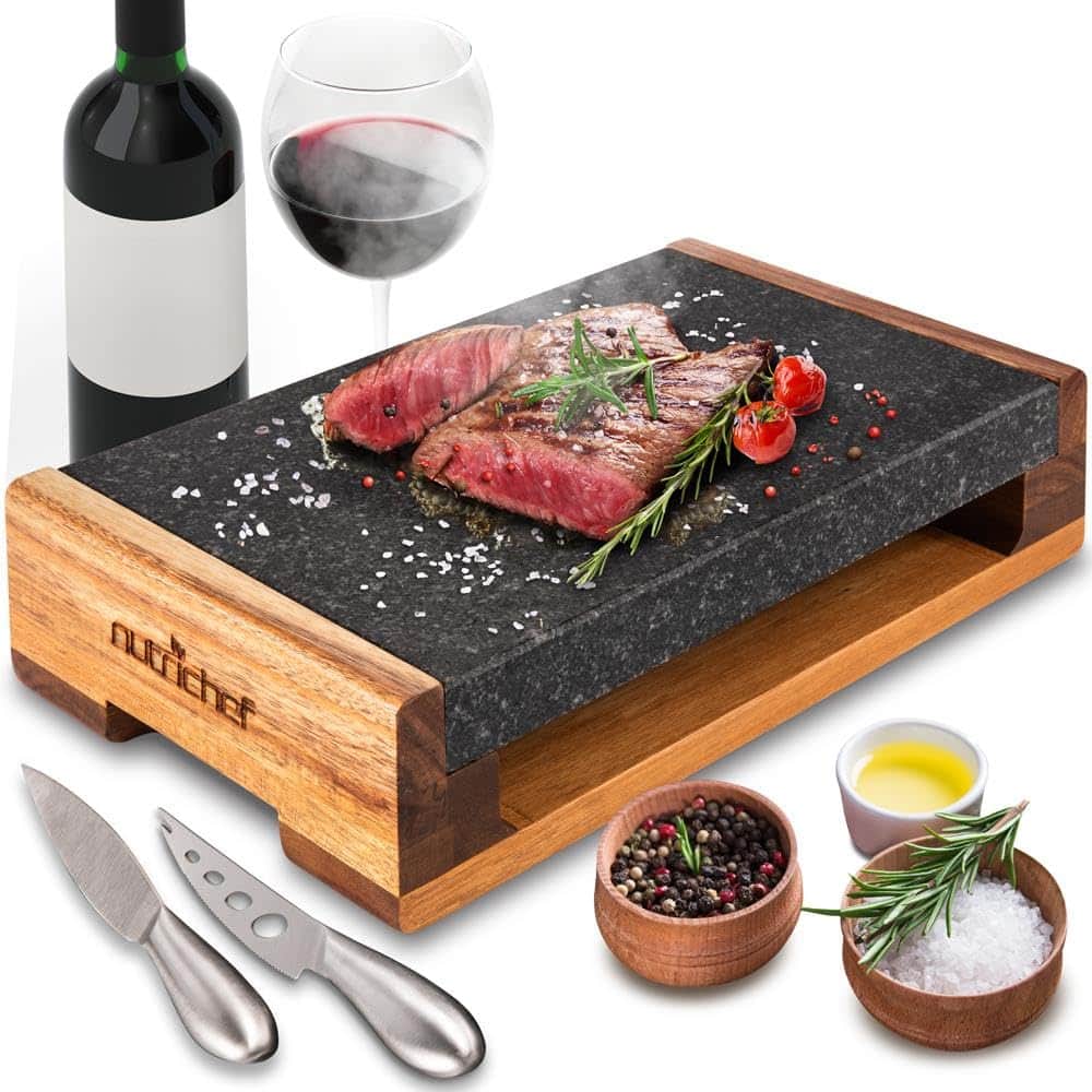 NutriChef - Cooking Stone Grill Set, Hot Lava Rock Plate for BBQ, Stainless Steel Knives, Retains Heat & Flavor (PKLVST41) - Standard