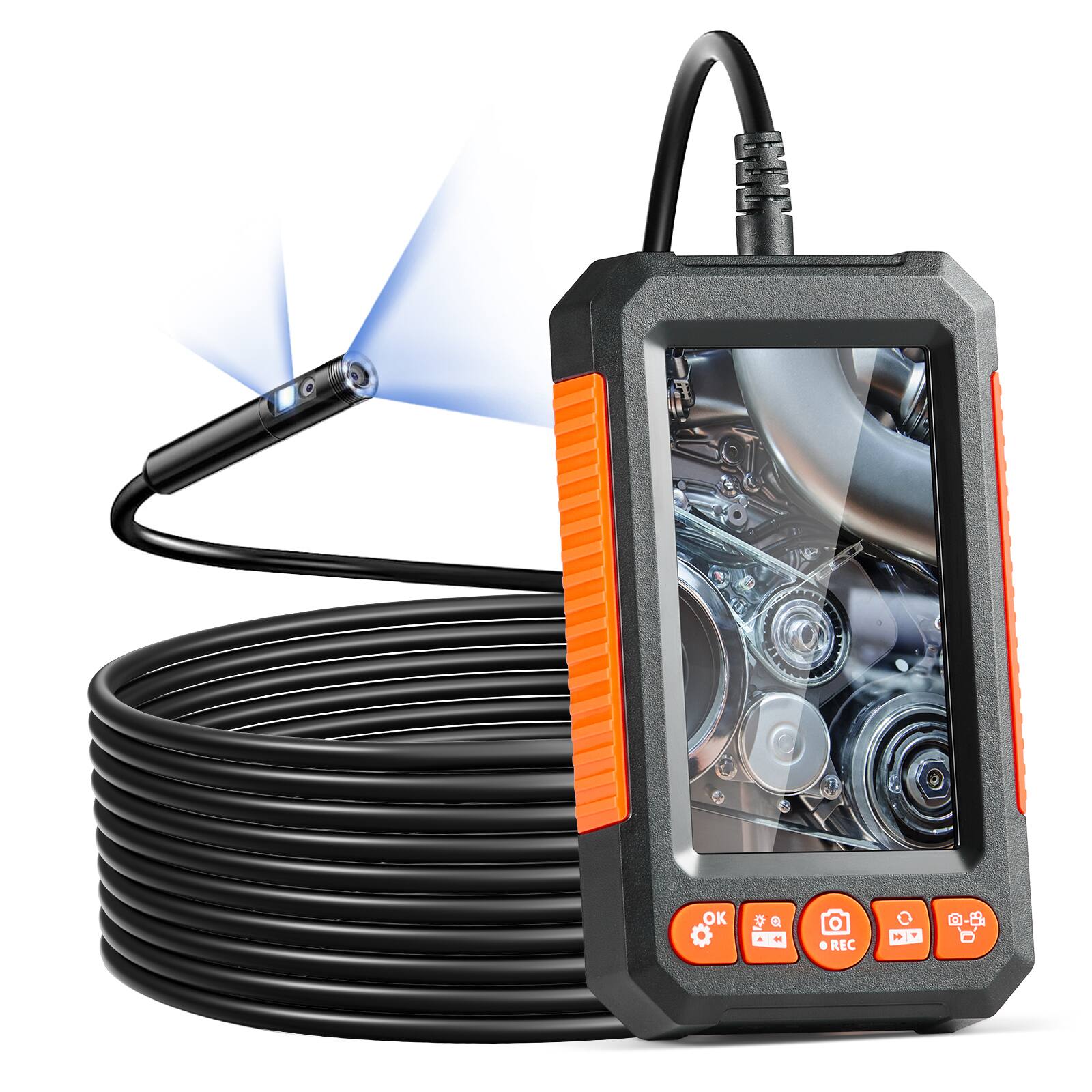 Front. VEVOR - Endoscope Camera with Light, Dual Lens Industrial Borescope, 4.3" Screen 1080P Inspection Camera, 8 + 1 Lights - Black.