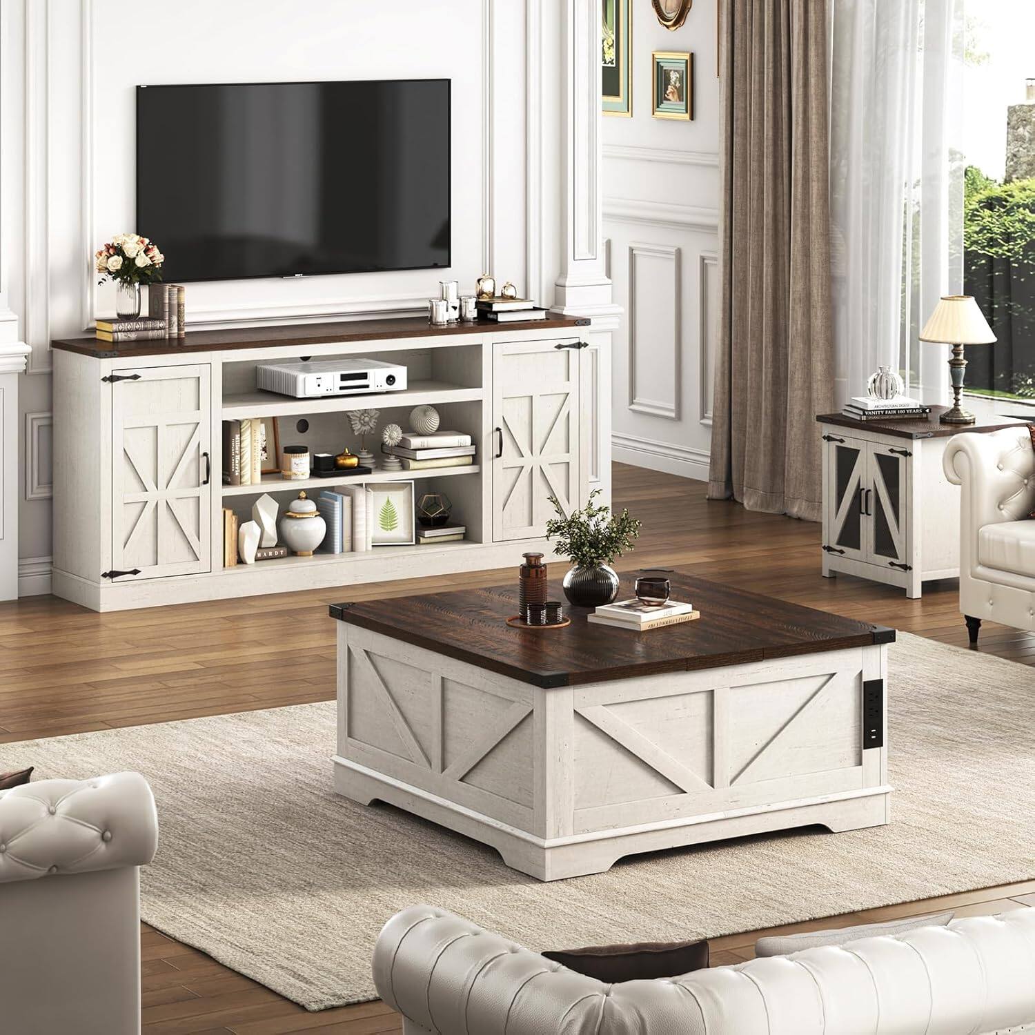 Angle. Espafurni - 75" Farmhouse TV Stand w/Power Outlet, 33"H, Adjustable Shelves & Storage – Fits 85" TV - White.