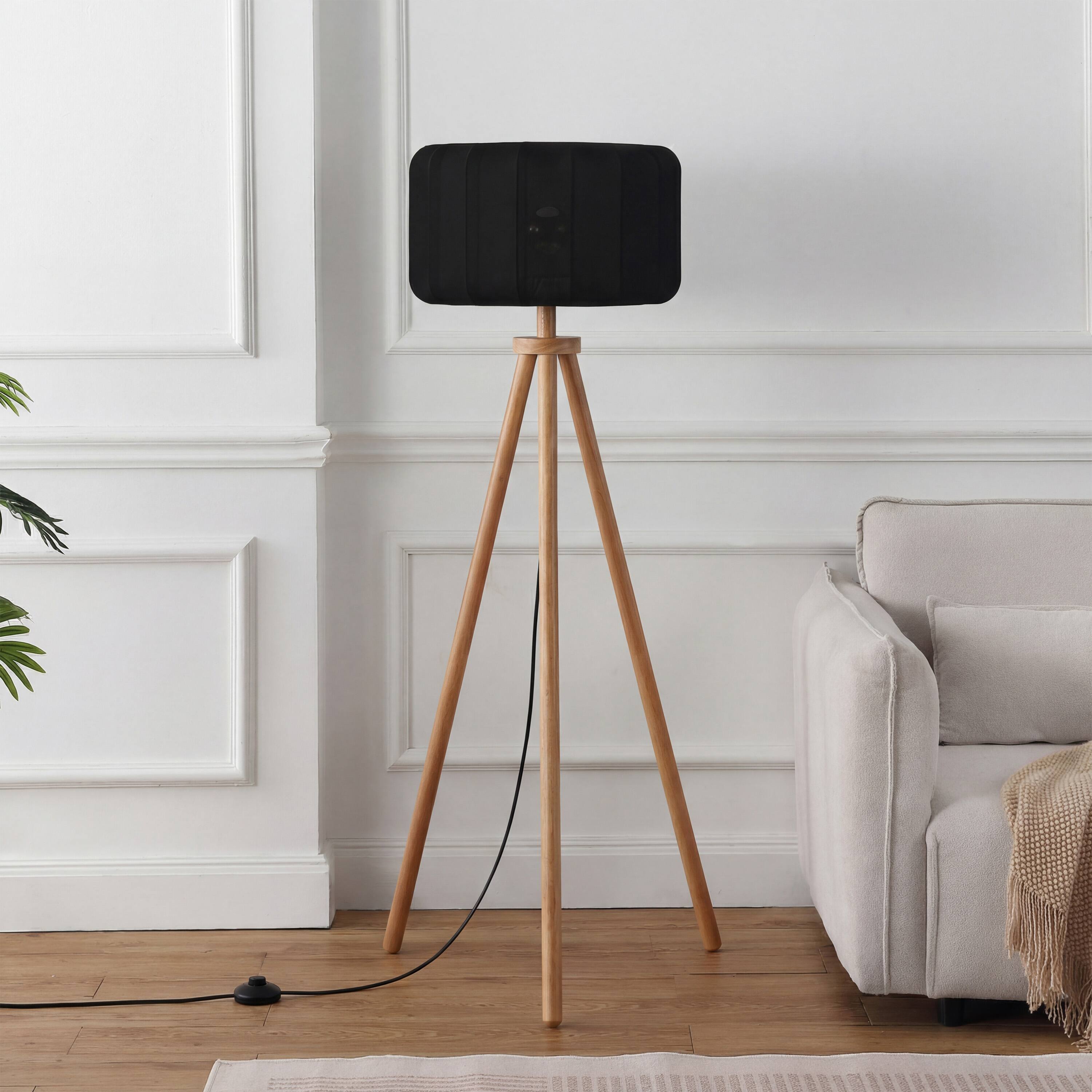 Alt View 5. Jonathan Y - Adriel 52" Mid-Century Modern Tripod Wood with Ribbed Cocoon Pumpkin Shade LED Floor Lamp, Black/Light Brown - Light Brown Wood.