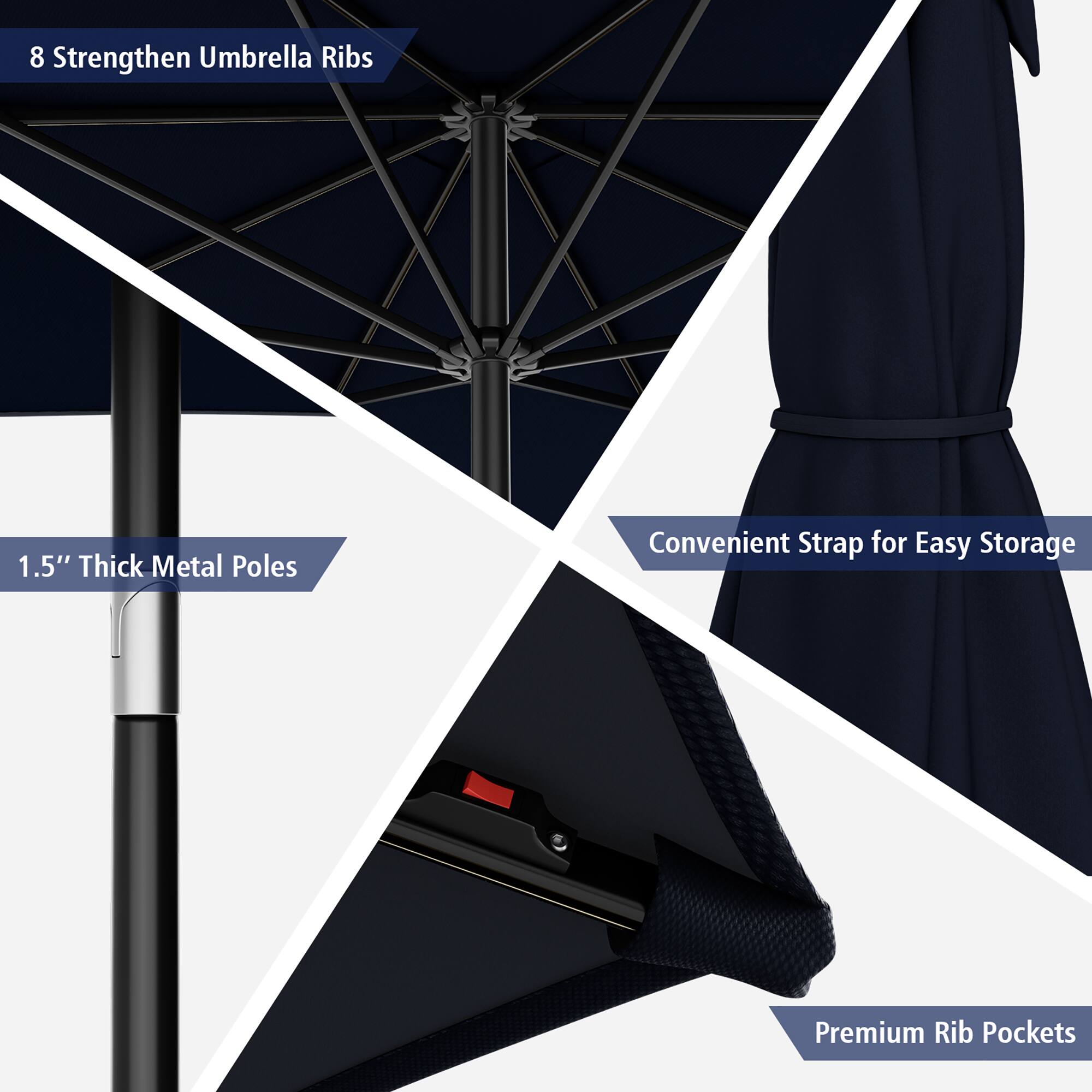 8 Strengthen Umbrella Ribs, 1.5" Thick Metal Poles, Convenient Strap for Easy Storage, Premium Rib Pockets