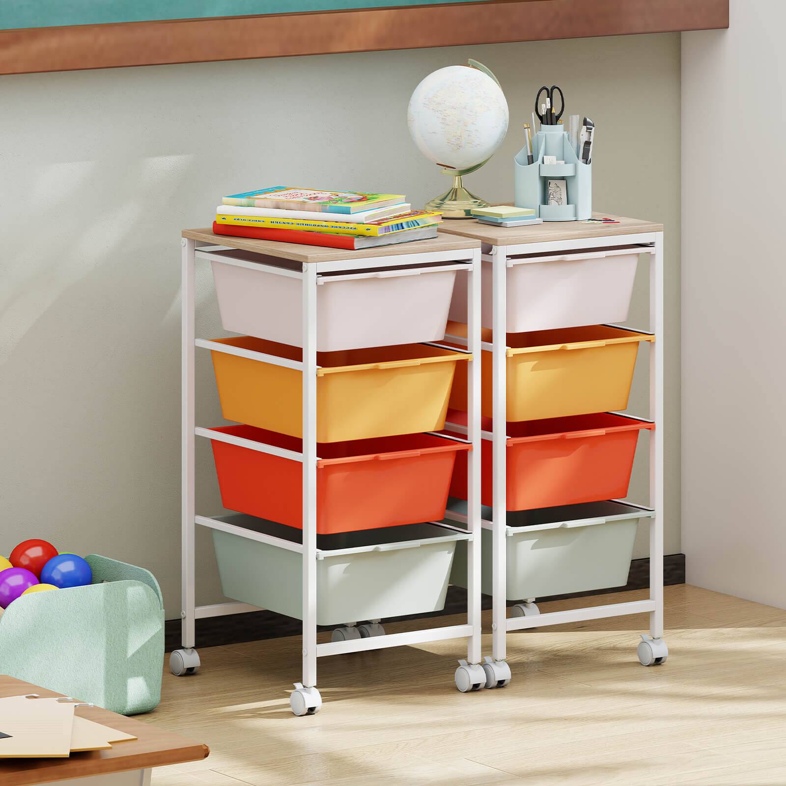 Alt View 3. Costway - Costway 4-Drawer Rolling Art Storage Cart with Wooden Tabletop & Lockable Wheels for Office - Natural + Macaron.