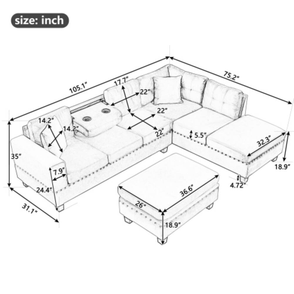 size: inch  
105.1" 17.7" 22" 75.2" 14.2" 5.5" 14.2" 35" 7.9" 24.4" 31.1" 22" 22" 32.3" 18.9" 4.72" 36.6" 18.9"