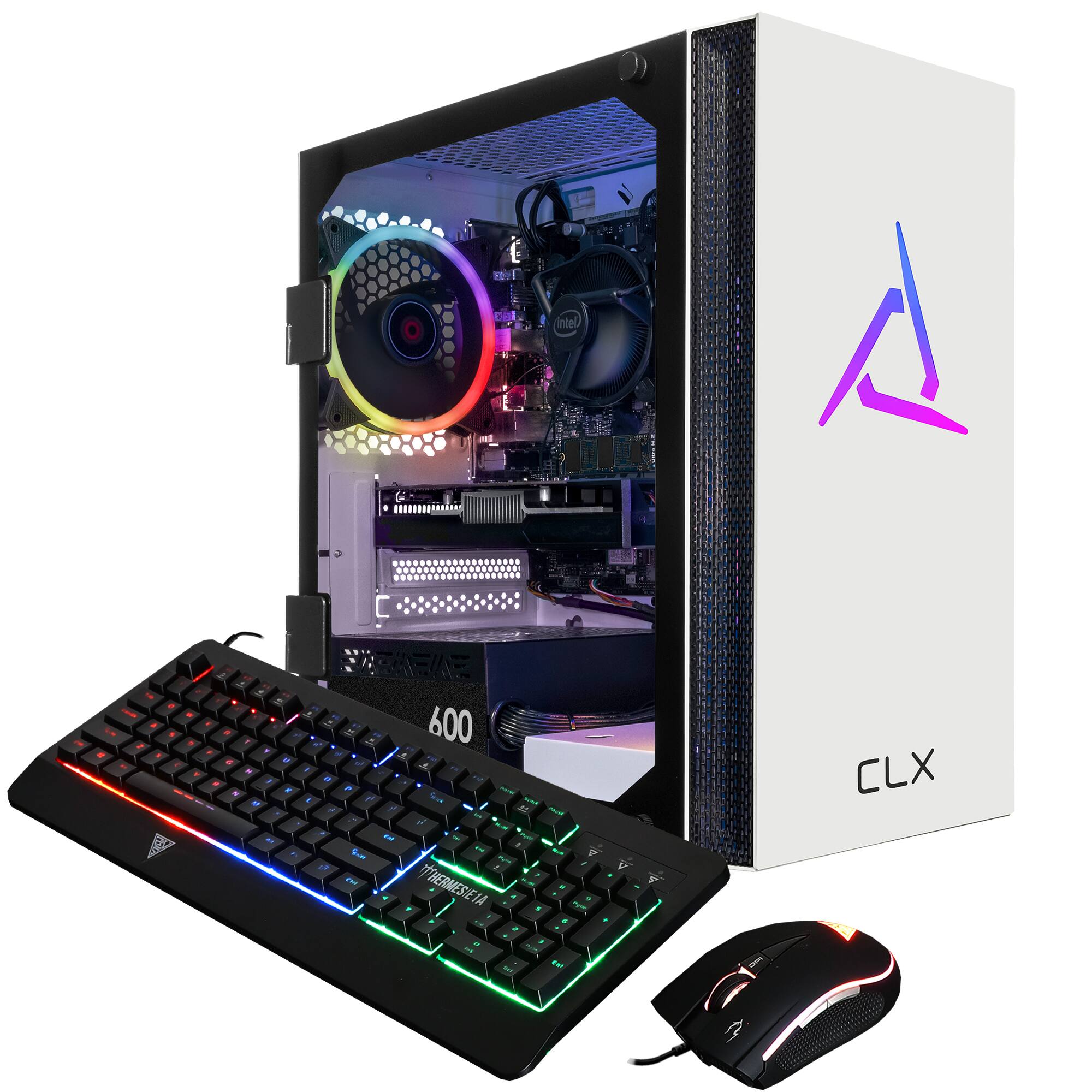 The image features a computer tower with a keyboard and mouse placed in front of it. The keyboard is black and has a colorful design, while the mouse is also black. The computer tower is a CLC brand, and it is a gaming computer. The keyboard and mouse are positioned on a desk, ready for use.