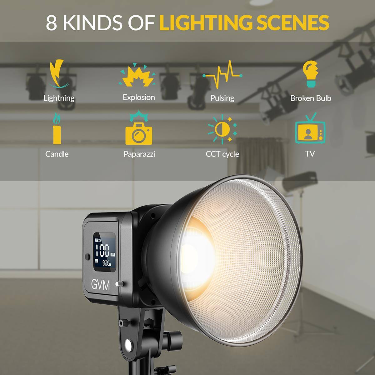 8 KINDS OF LIGHTING SCENES

Lightning
Explosion
Pulsing
Broken Bulb
Candle
Paparazzi
CCT cycle
TV