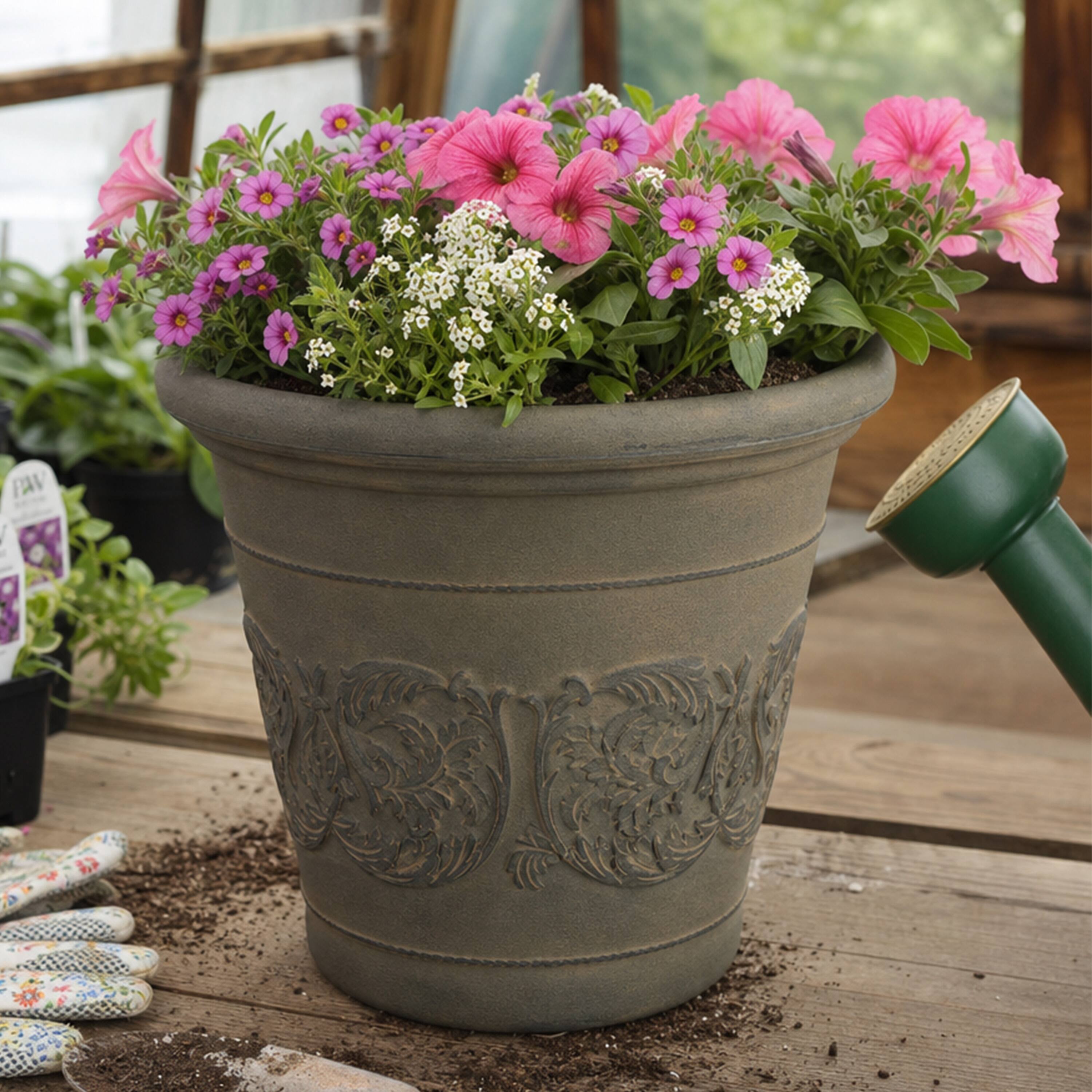 Alt View 10. Sunnydaze - 16 in Arabella Polyresin Outdoor Planter - Sable.