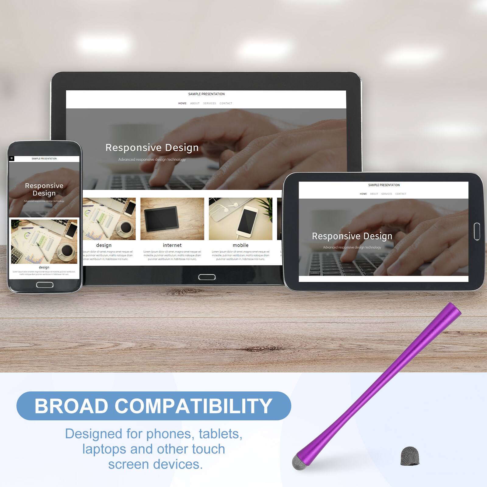 SAMPLE PRESENTATION

Responsive Design
Advanced responsive design technology

BROAD COMPATIBILITY
Designed for phones, tablets, laptops and other touch screen devices.