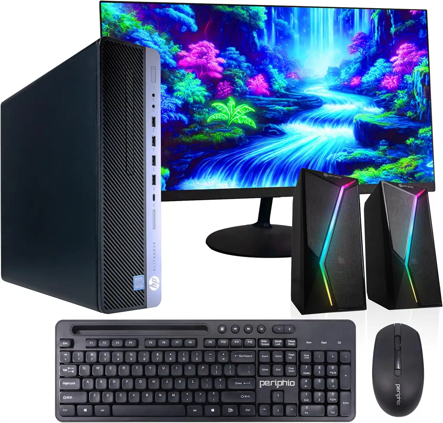 Sure, here is the corrected and grouped text from the image:

**Computer Components:**
- HP ELITEDESK
- periphio

**Keyboard:**
- periphio

**Mouse:**
- periphio

**Speakers:**
- periphio

**Monitor:**
- periphio