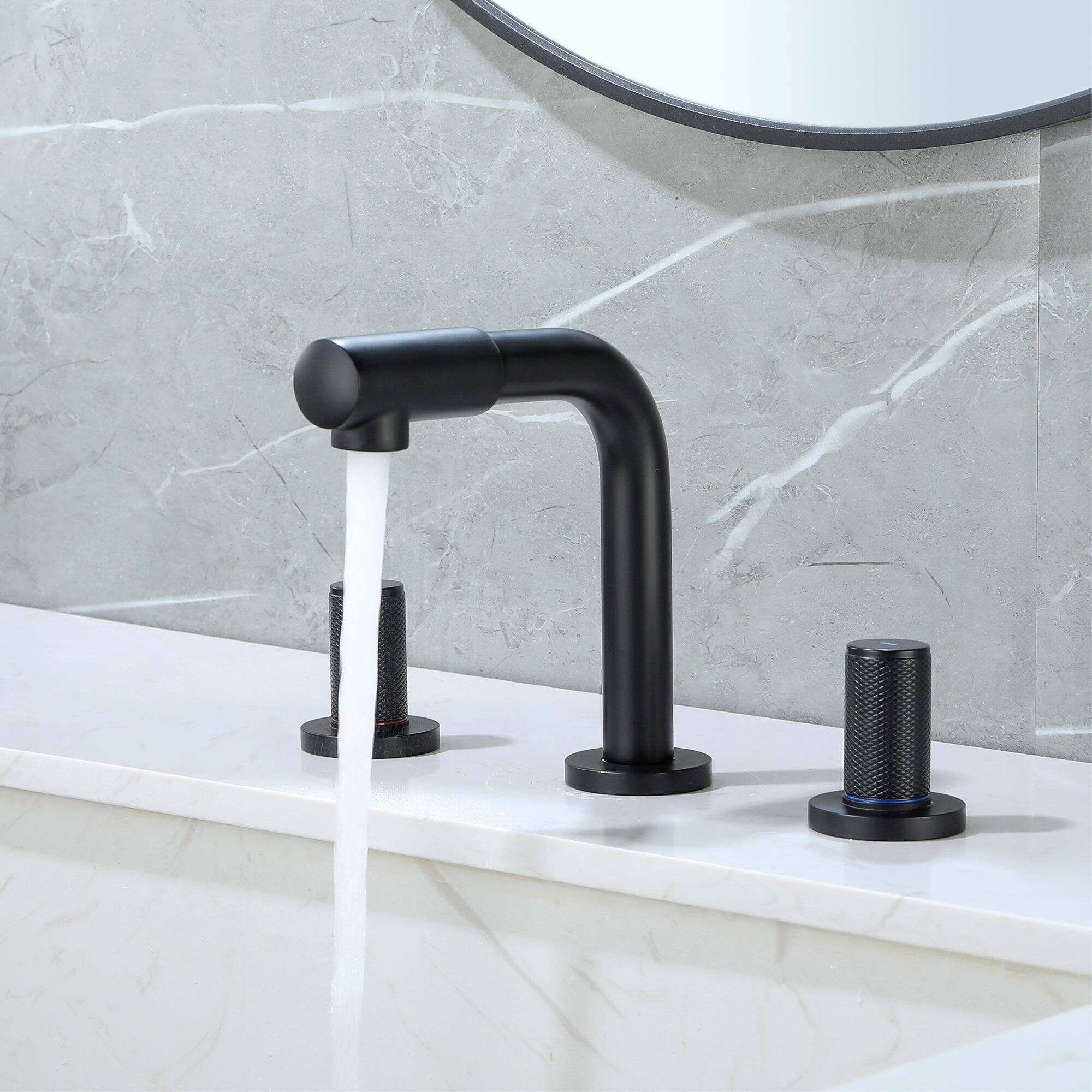 Angle. Boyel Living - 8 in Widespread Double Handle 360 Degree Swivel Spout Bathroom Faucet with Quick Connect Hose in Matte Black - Matte Black.