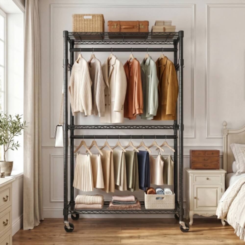 Front. LUCKY ONE - 74.5" H 3-Tier Heavy Duty Rolling Garment Rack w/ 2 Rods Side Hooks - Black.