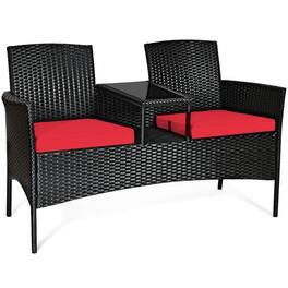 Kadyn - 3 Pc Patio Conversation Bistro Set with Seat Outdoor Rattan Patio Conversation Set with Built-in Coffee Table and Cushio - Red