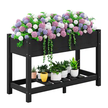 Front. SERWALL - SERWALL Raised Garden Bed with Legs-Black,HDPE Elevated Planter with Storage Shelf & Drainage Holes - black.