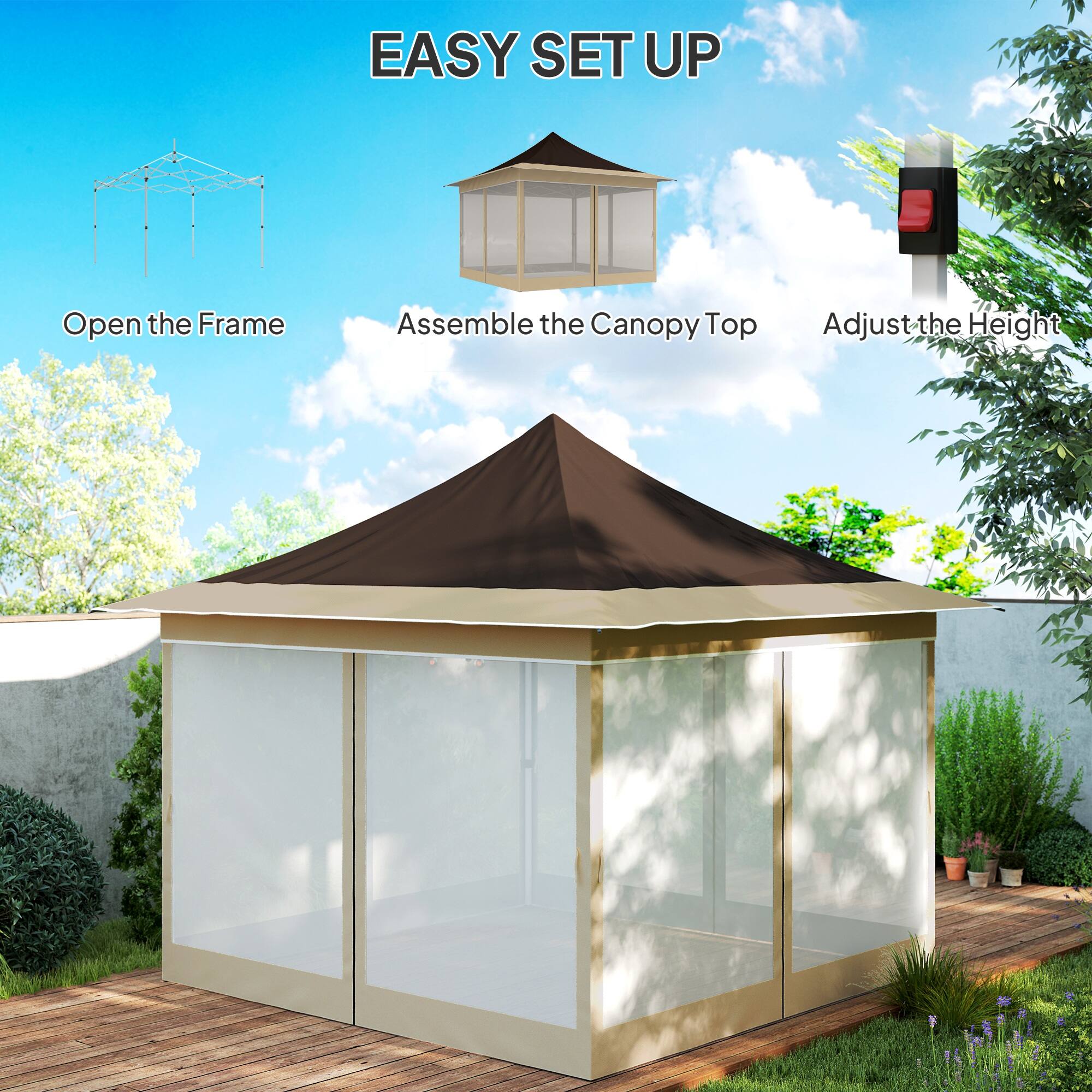 EASY SET UP

- Open the Frame
- Assemble the Canopy Top
- Adjust the Height