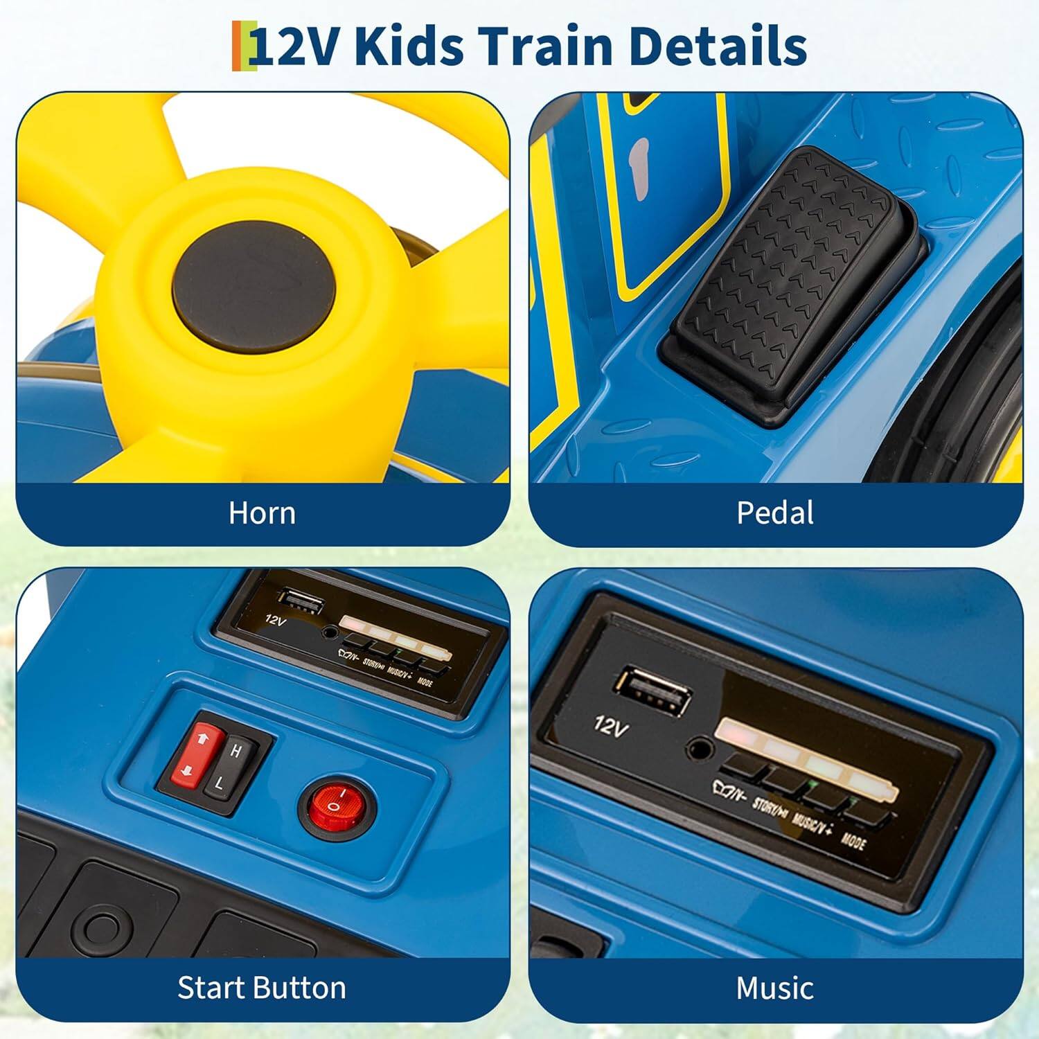 12V Kids Train Details

- Horn
- Pedal
- Start Button
- Music