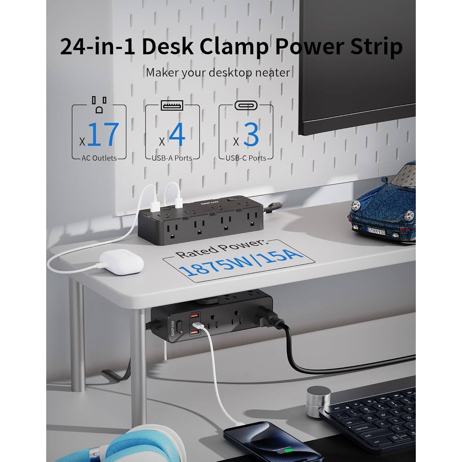 24-in-1 Desk Clamp Power Strip, Maker your desktop neater, X 17 AC Outlets, X 4 USB-A Ports, X 3 USB-C Ports, Rated Power 1875W /15A