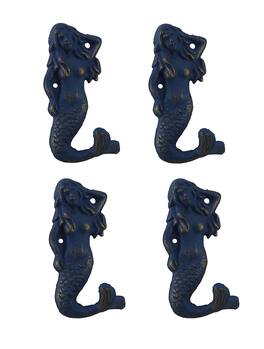 Privilege - Set of 4 Distressed Cast Iron Mermaids Decorative Wall Hook Set - Blue