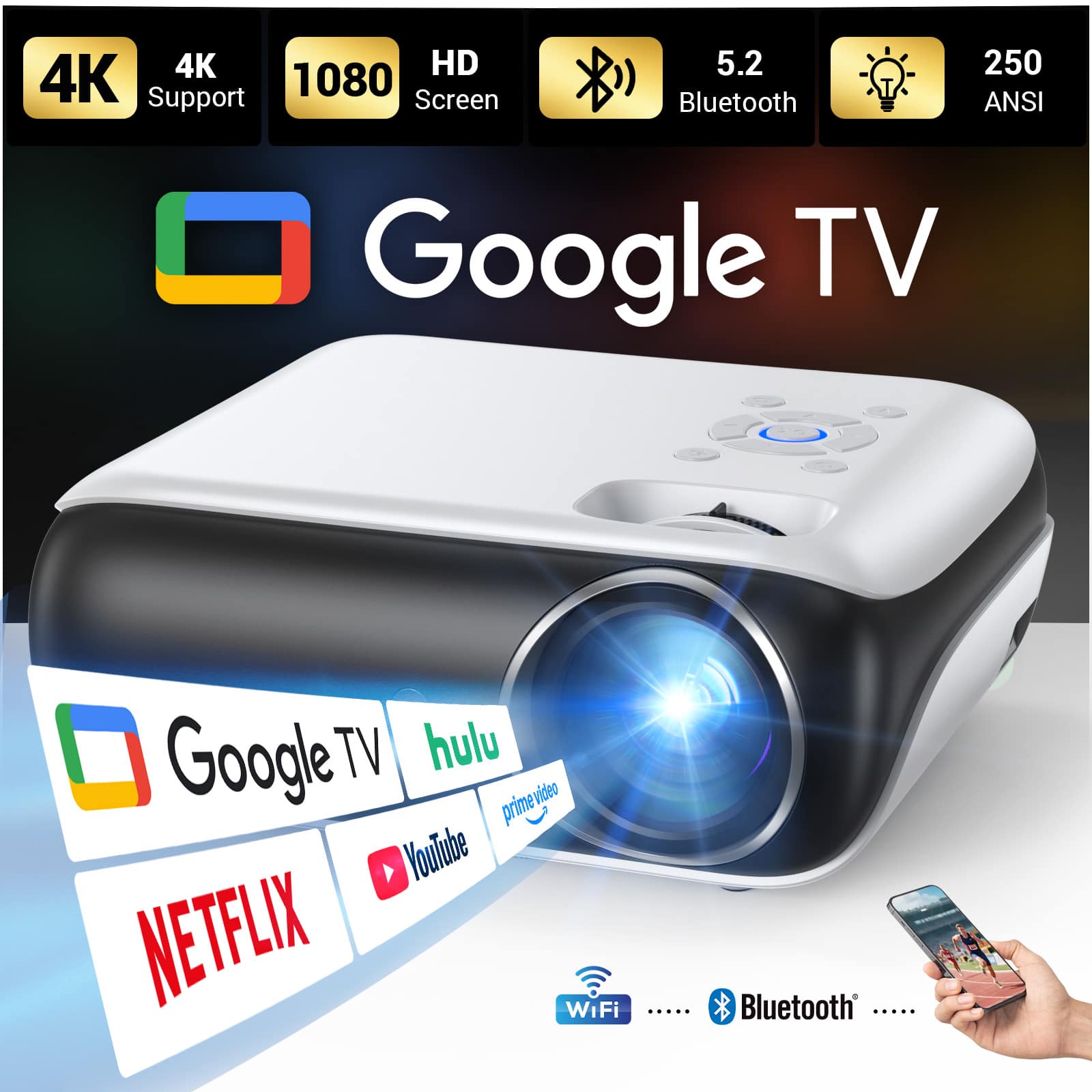 Happrun Official Licensed Google TV Smart Projector 4K Wi Fi