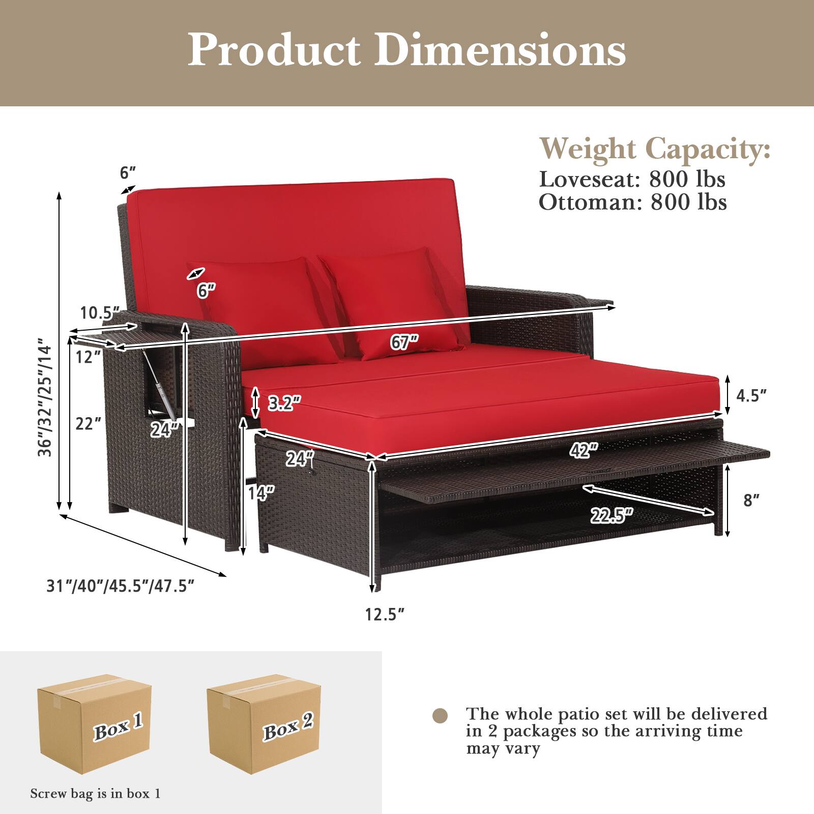 Product Dimensions  
Weight Capacity:  
Loveseat: 800 lbs  
Ottoman: 800 lbs  

- 36" (36"/12"/25"/14")  
- 10.5"  
- 12"  
- 22"  
- 24"  
- 6"  
- 3.2"  
- 24"  
- 14"  
- 67"  
- 42"  
- 22.5"  
- 4.5"  
- 8"  
- 31"/40"/45.5"/47.5"  
- 12.5"  

The whole patio set will be delivered in 2 packages so the arriving time may vary  

Screw bag is in box 1  

Box 1  
Box 2