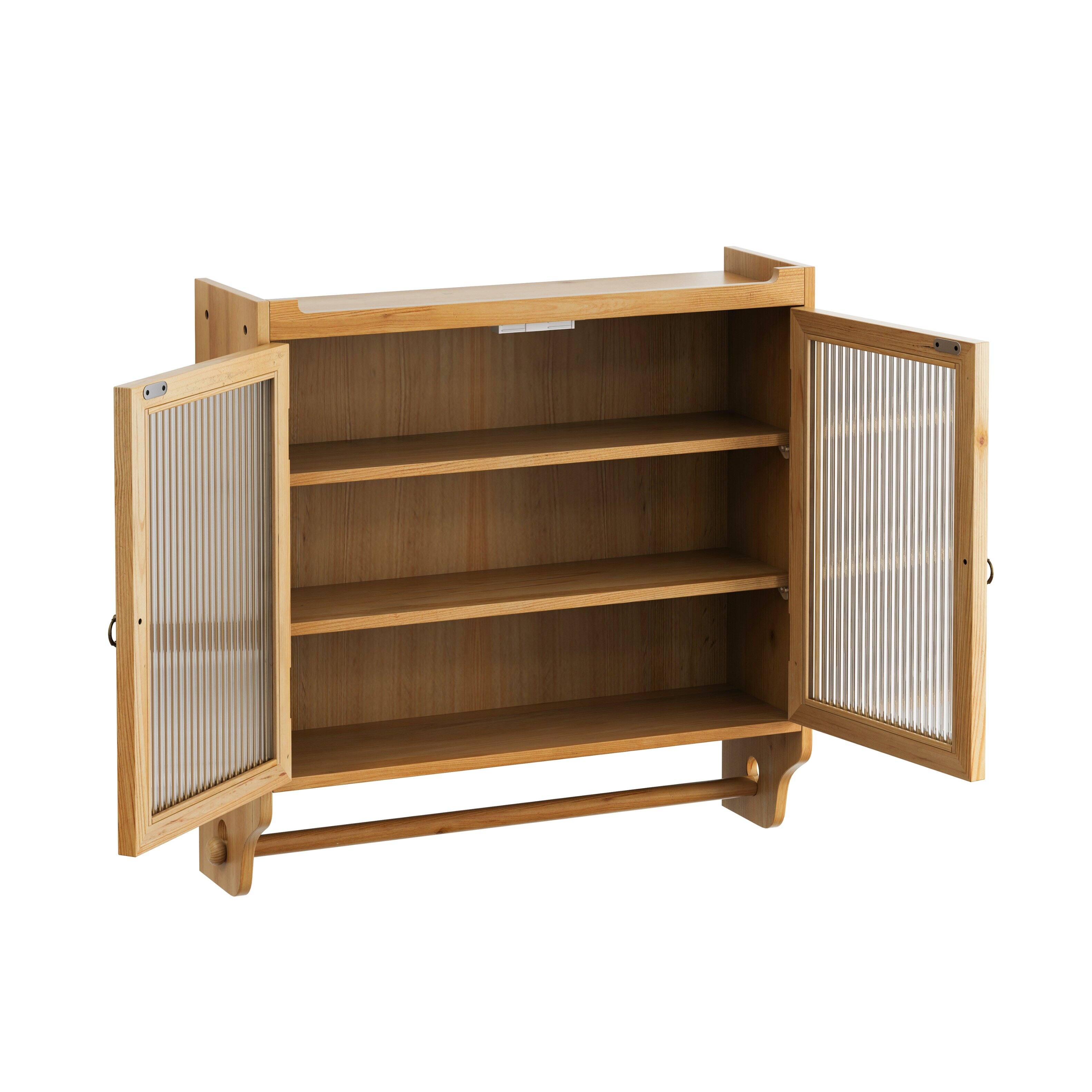 Angle. Dexmalle - Dexmalle-24.8''Vintage Double Glass Door 3-Tiers Wall Cabinet With Towel Rack-Natural - Natural.