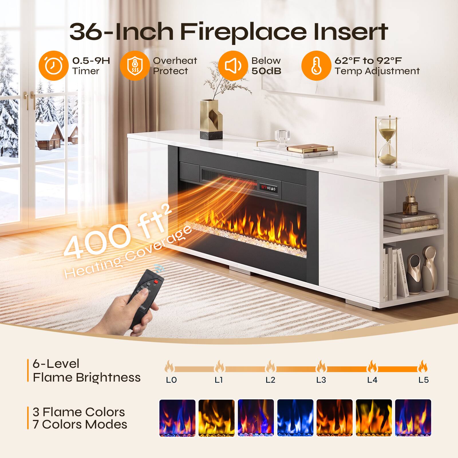 36-Inch Fireplace Insert  
0.5-9H Timer  
Overheat Protect  
Below 50dB  
62°F to 92°F Temp Adjustment  

400 ft² Heating Coverage  

6-Level Flame Brightness  
LO  
L1  
L2  
L3  
L4  
L5  

3 Flame Colors  
7 Colors Modes