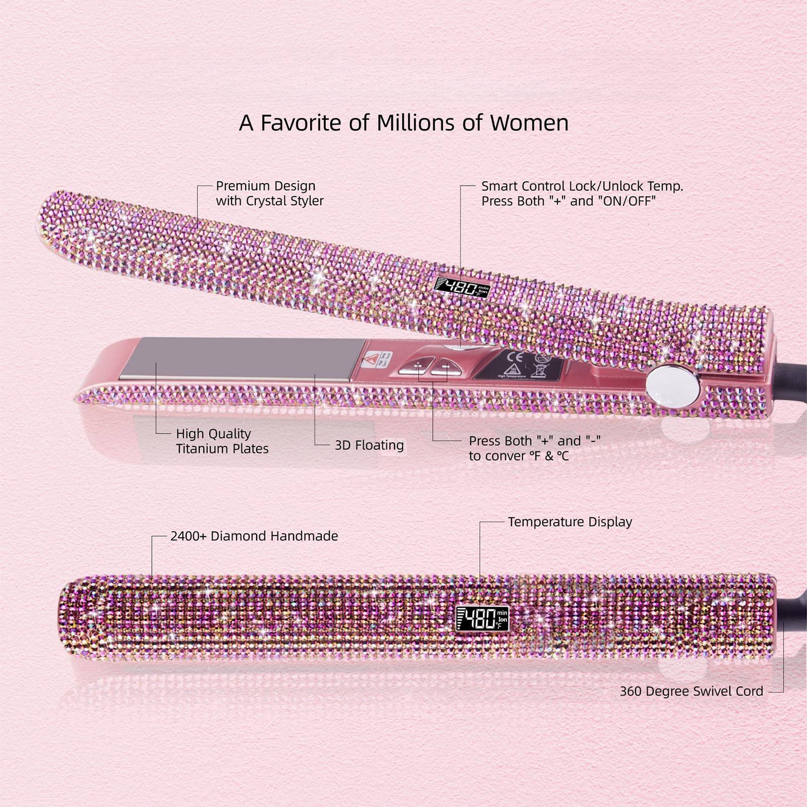 A Favorite of Millions of Women

- Premium Design with Crystal Styler
- Smart Control Lock/Unlock Temp. Press Both "+" and "ON/OFF"
- High Quality Titanium Plates
- 3D Floating
- 2400+ Diamond Handmade
- Temperature Display
- 360 Degree Swivel Cord

Press Both "+" and "-" to convert F & C