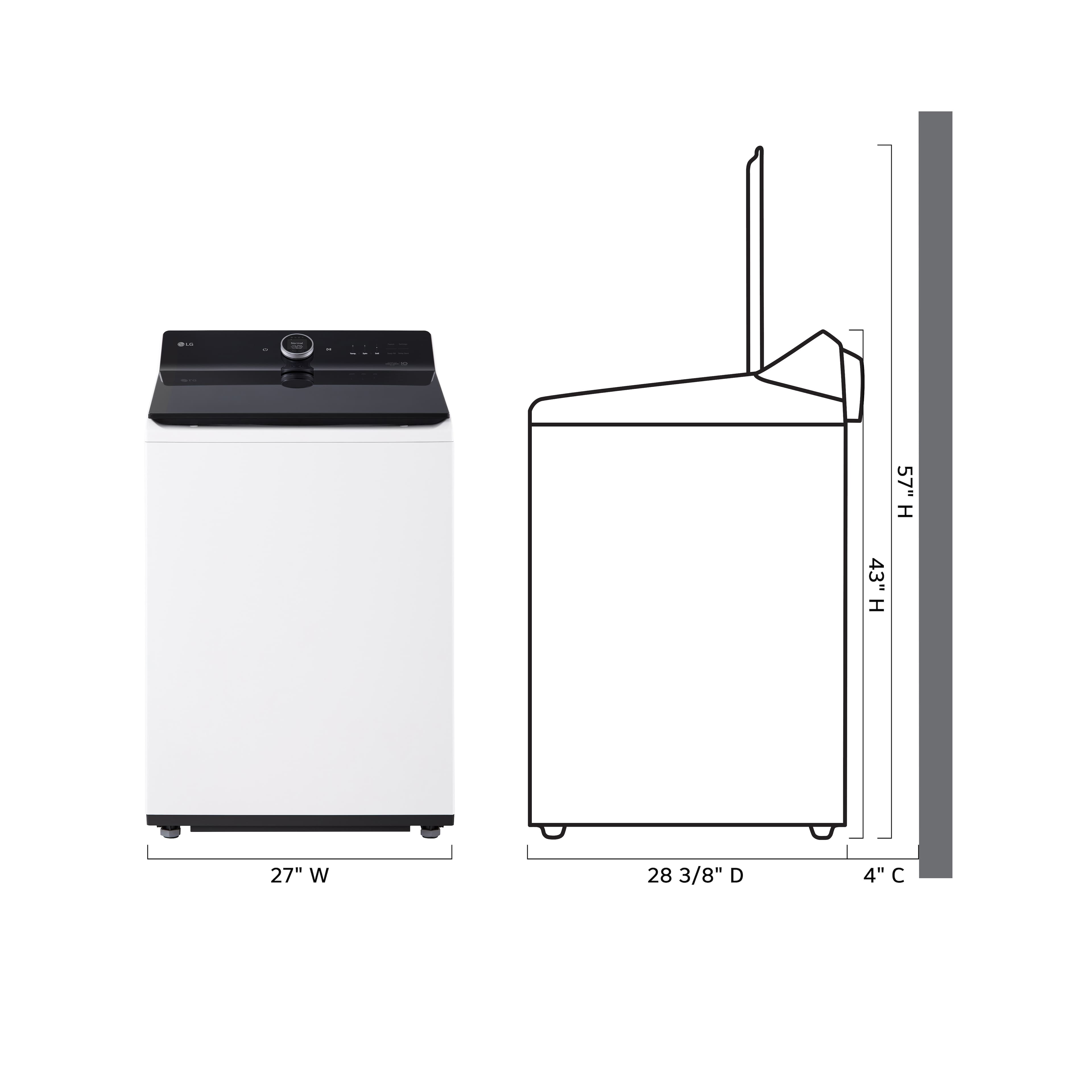 The image shows two appliances, one being a laptop stand and the other being a small refrigerator. The laptop stand is 57 inches tall, and the refrigerator is 43 inches tall. The laptop stand is 27 inches wide, and the refrigerator is 28 3/8 inches wide. The laptop stand is 4 inches deep, and the refrigerator is 43 inches deep.