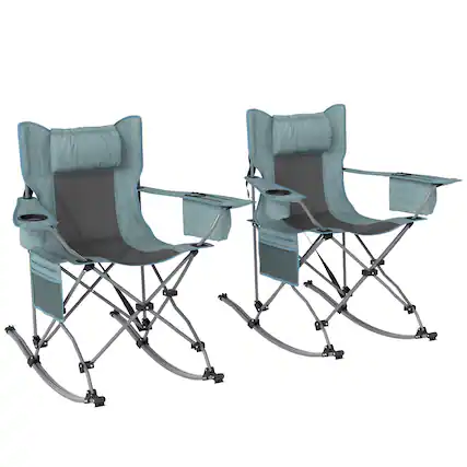 Front. Outsunny - Folding Rocking Camping Chairs for Adults, Portable Outdoor Rocking Chairs with Headrest, Cooler Bag, Cup Holder - Gray.