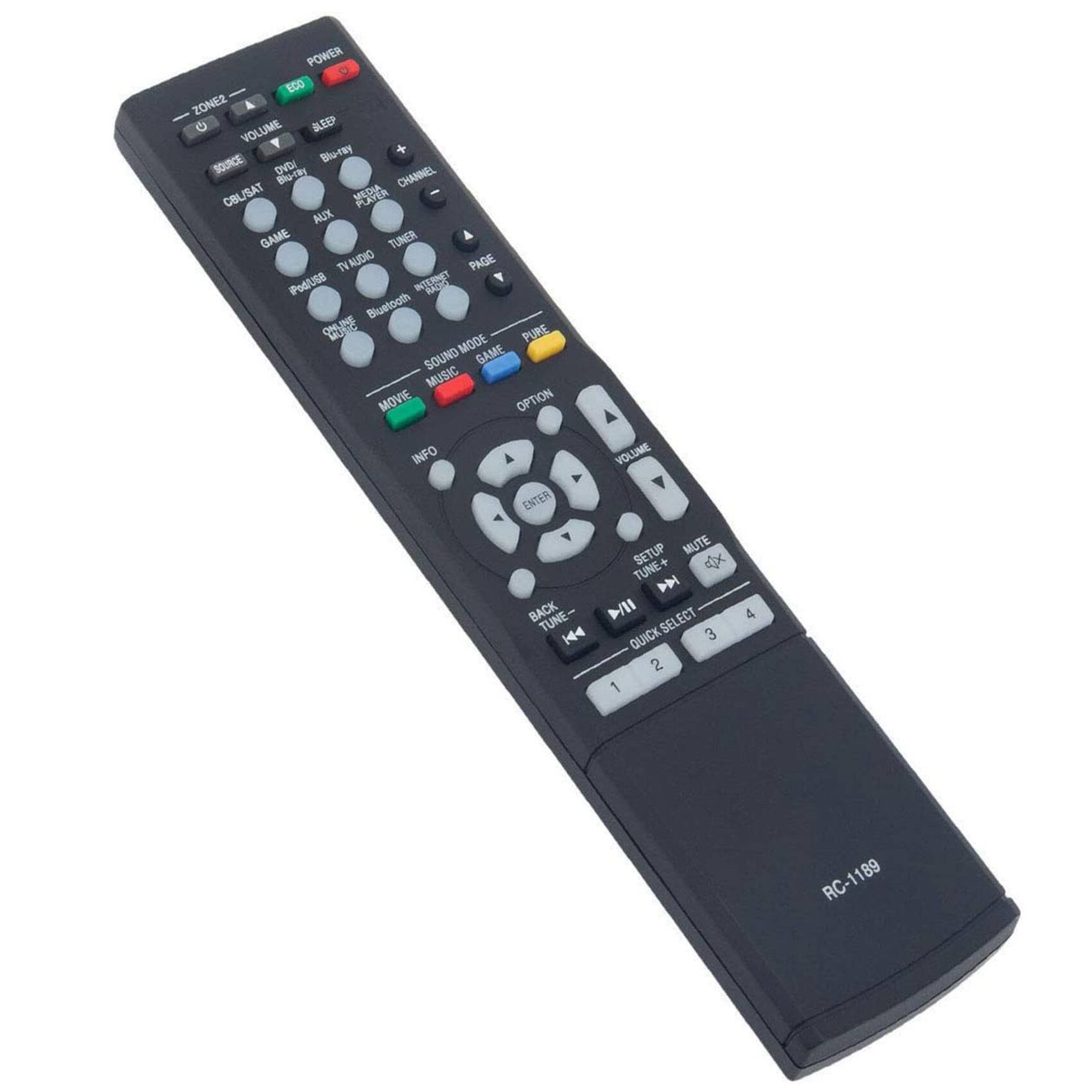 POWER EGD ZONE2 VOLUME SLEEP SOURCE Blu-ray DVD Bho-Tiy CHANNEL CBL/SAT MEDIA AUX GAME TUNER I AUDIO PAGE Pod/te Blustooth MODE PURE SOUND GAME MUSIC MOVIE OPTION INFO ENTER BACK TUNE- A VOLUME SETUP MUTE TUNE+ M SELECT 3 QUICK 2 1 4 RC-1189