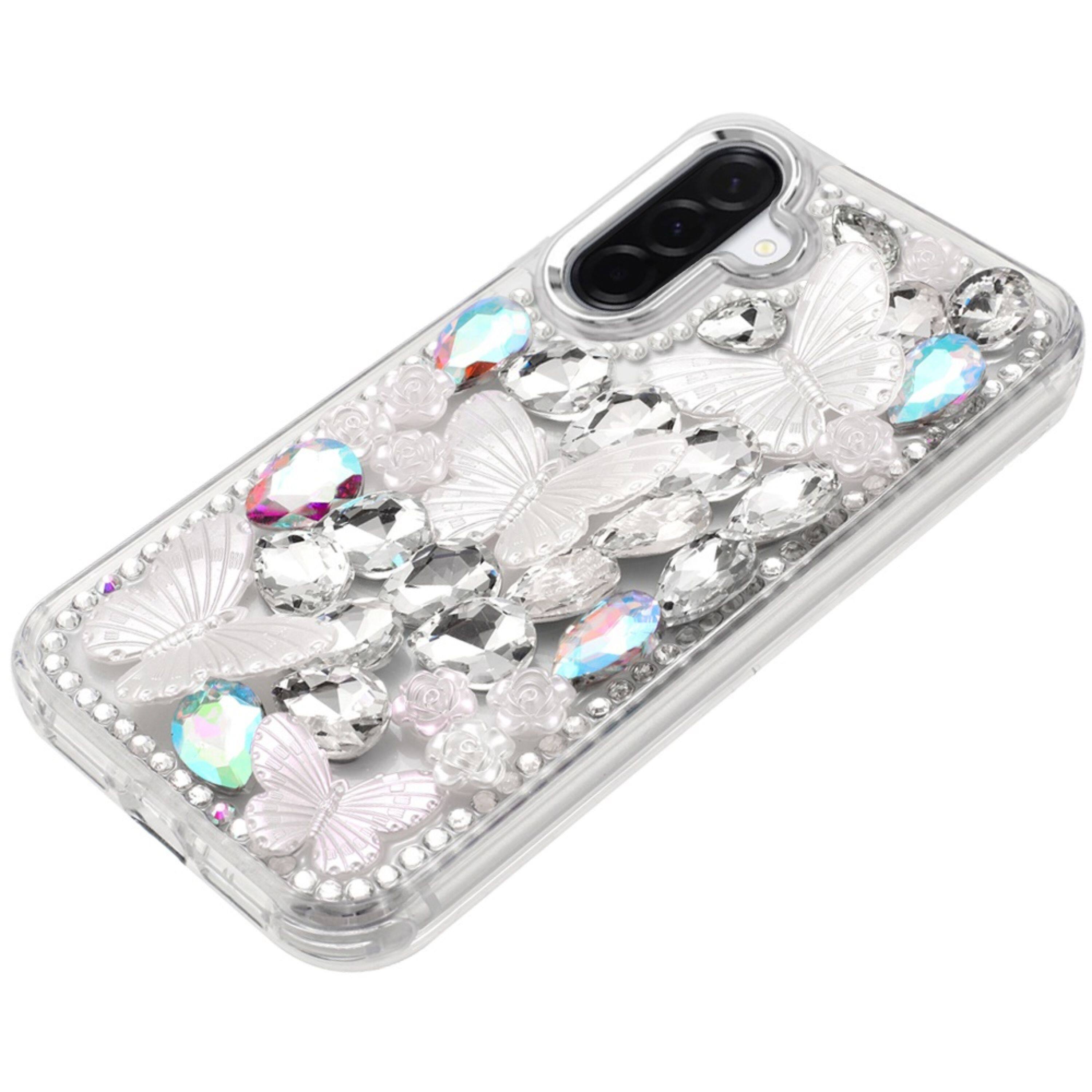 Left. Kitcheniva - Diamond Butterflies Bling Phone Case With Tempered Glass For Samsung Galaxy A57 5G Purple - Purple.