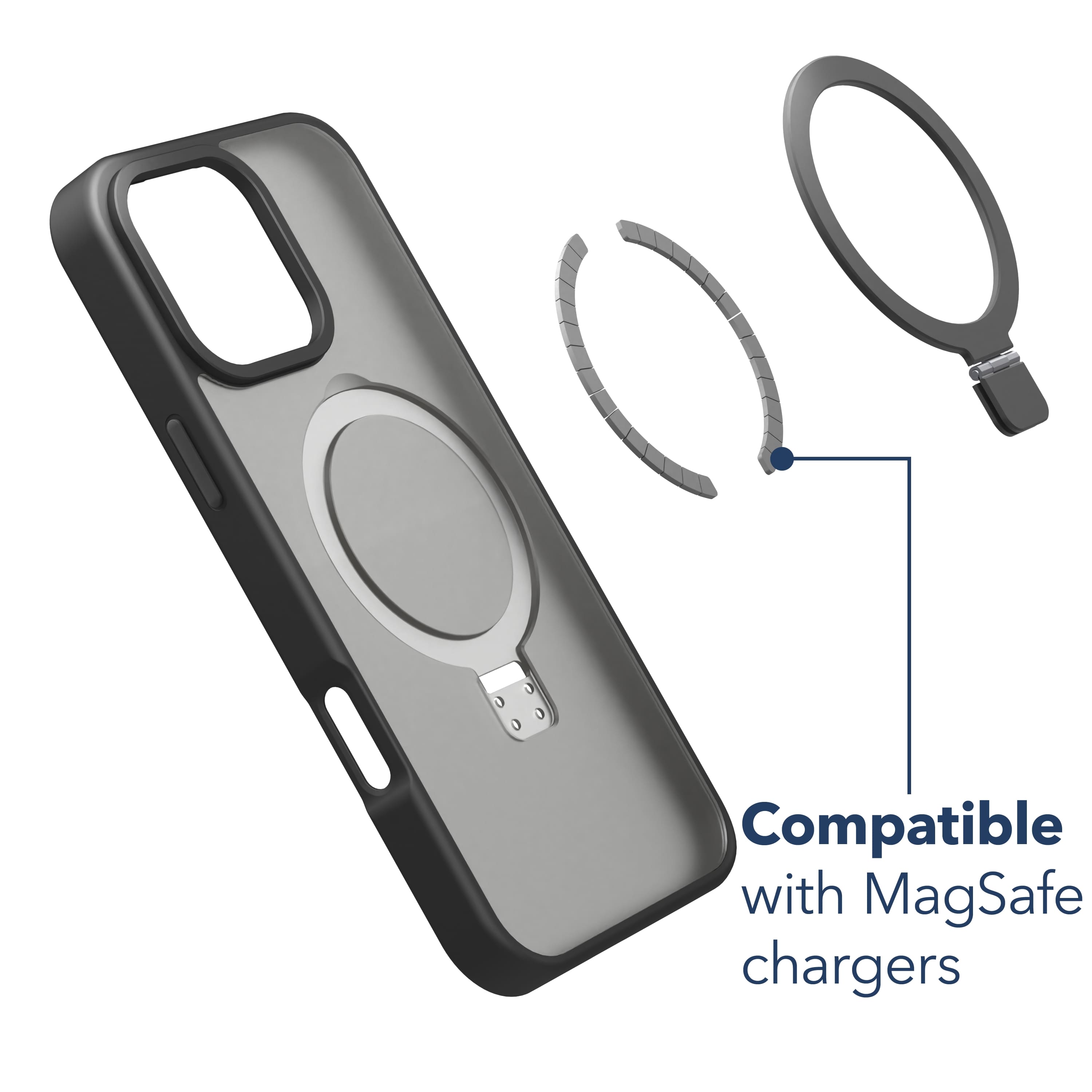 The image shows a MagSafe case for an iPhone, which is compatible with MagSafe chargers. The case is designed to provide a secure connection between the phone and the charger, ensuring that the phone stays in place while charging. The case features a circular design and is available in black and gray colors. The MagSafe case is compatible with MagSafe chargers, making it a convenient and functional accessory for iPhone users.